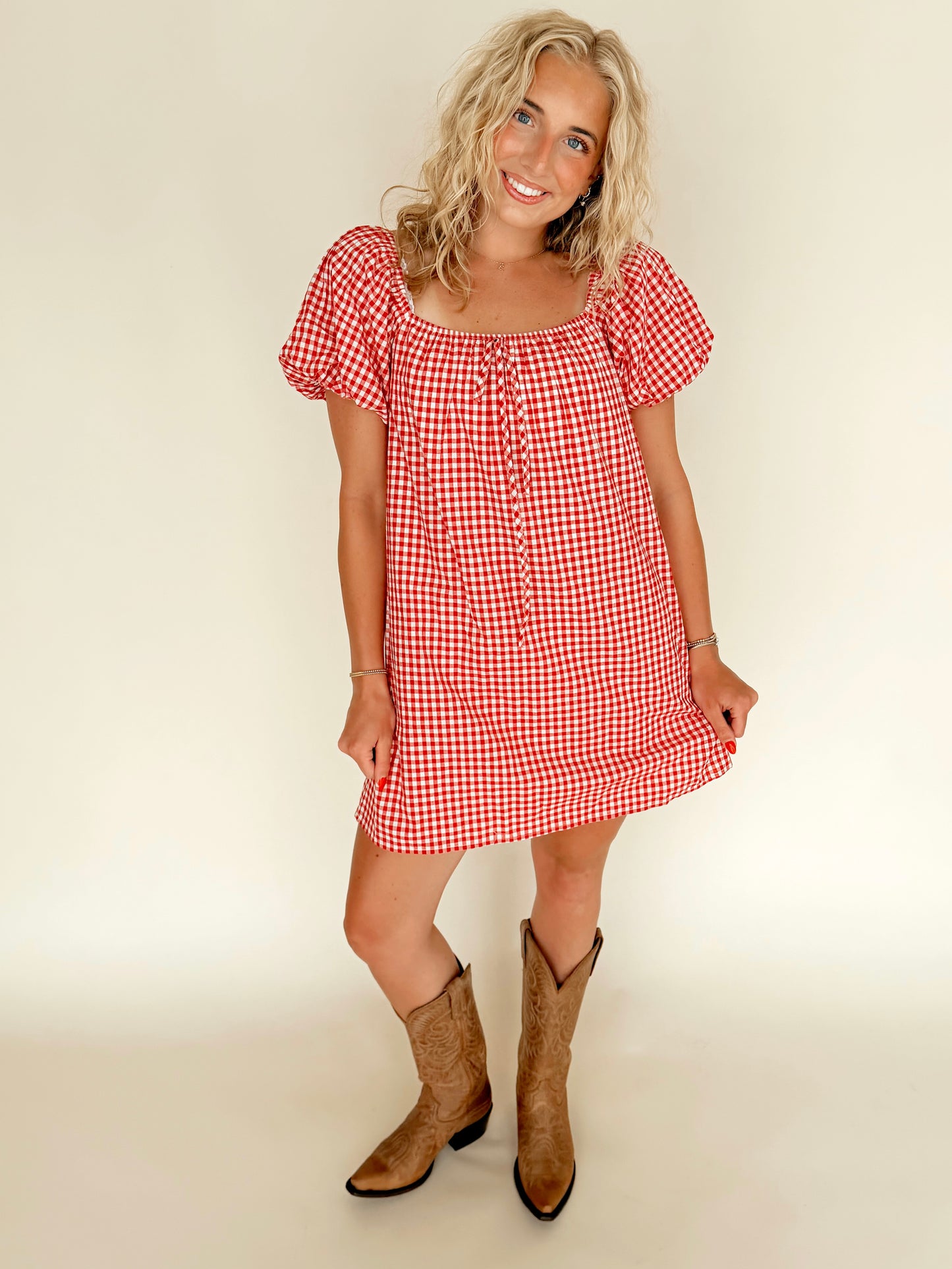 Red Gingham Puff Sleeve Dress