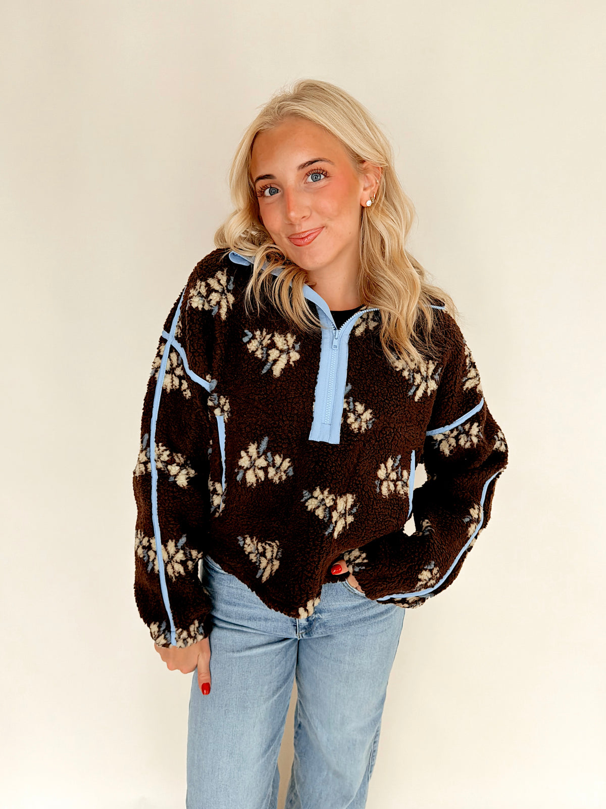 Chocolate Brown Floral Print Half Zip