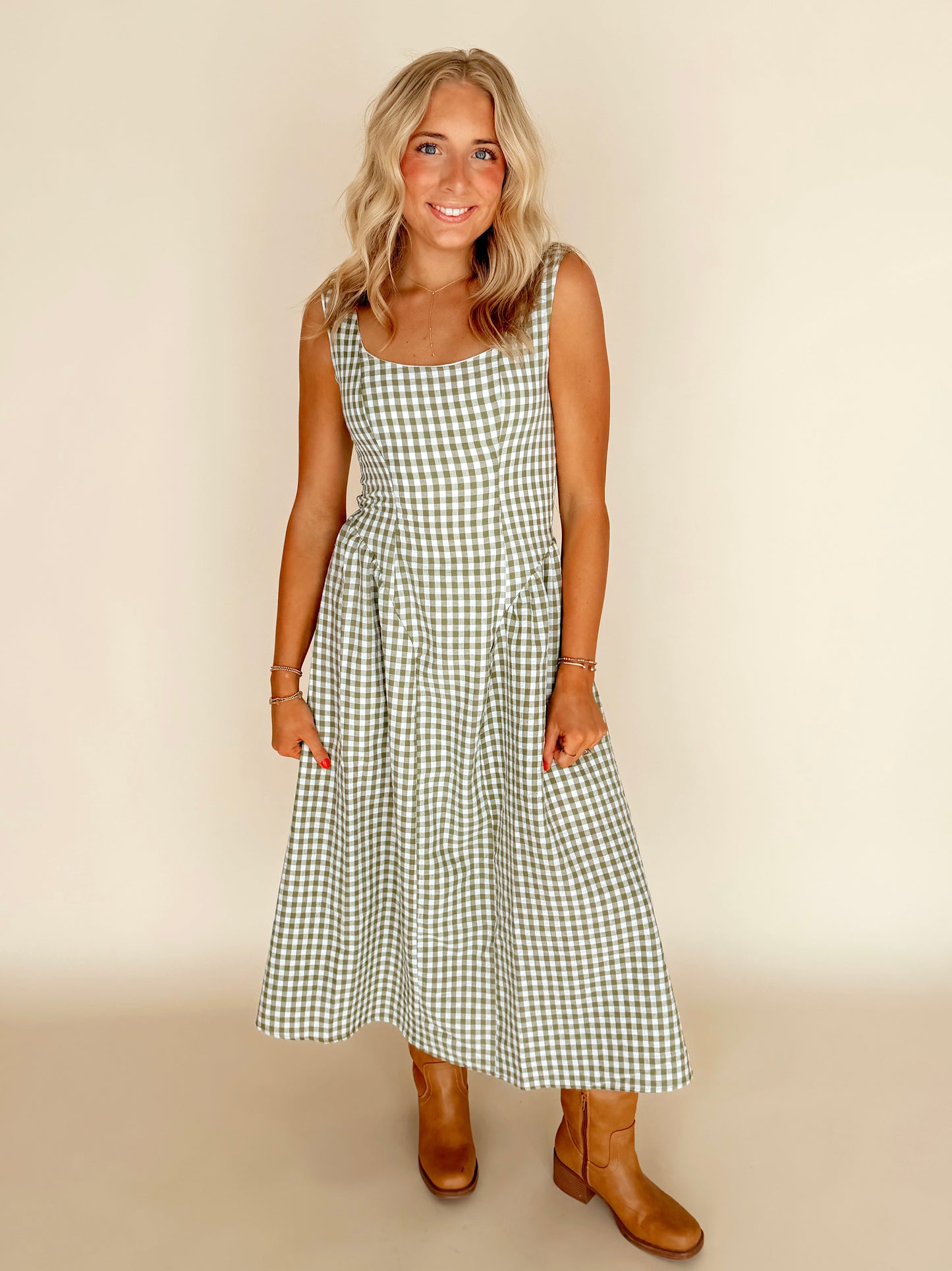 Sage Green Gingham Midi Dress
