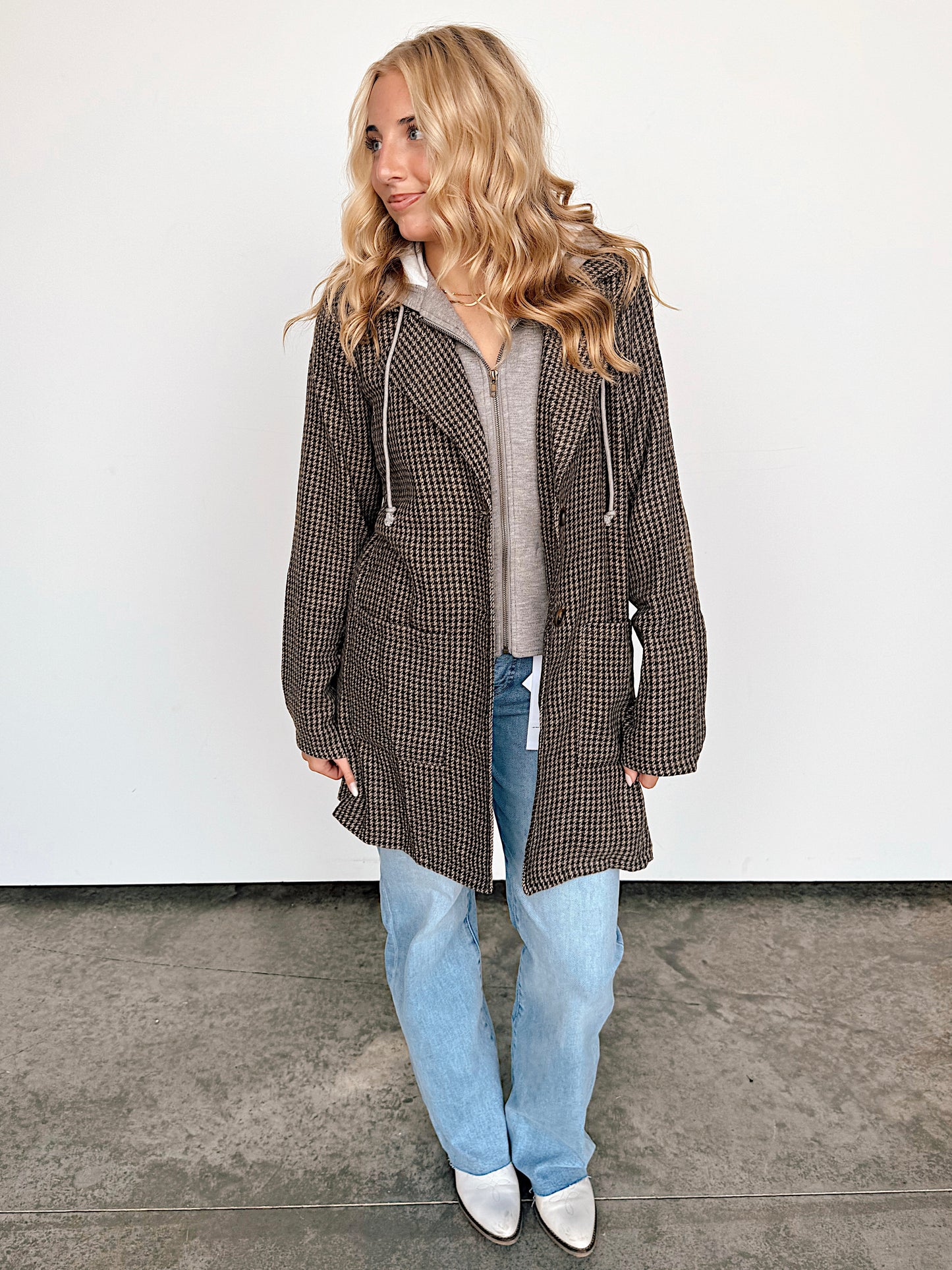 Olive Plaid Detachable Hood Two-fer Jacket