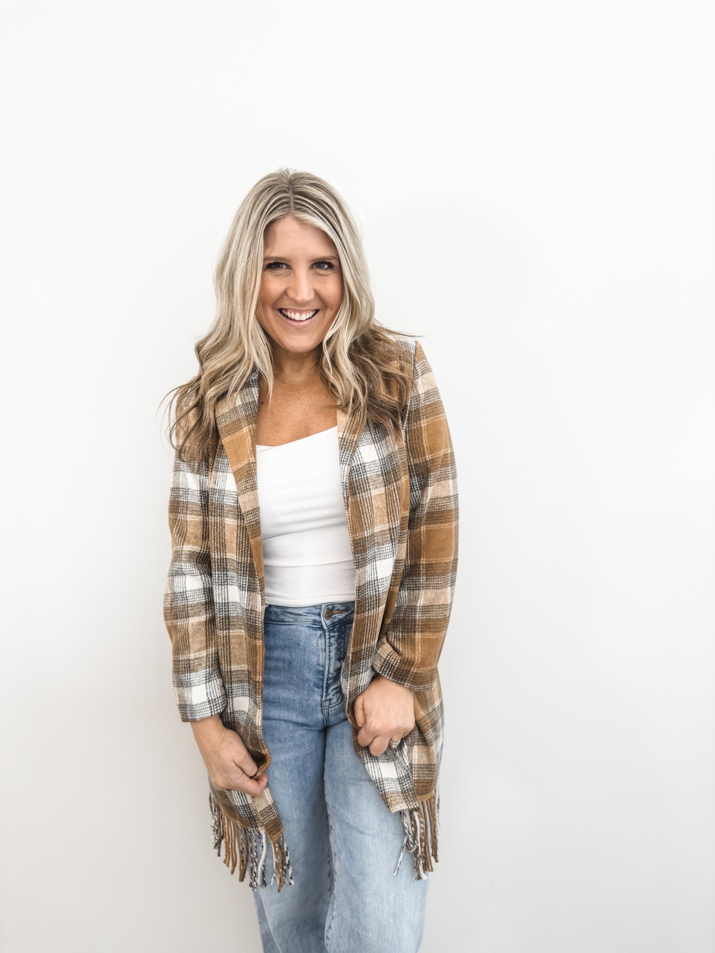 Camel Plaid Fringe Duster Jacket