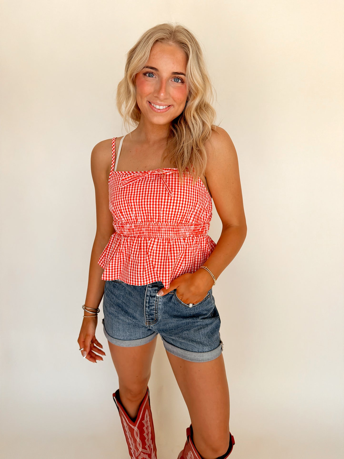 Red Gingham Babydoll Peplum Tank
