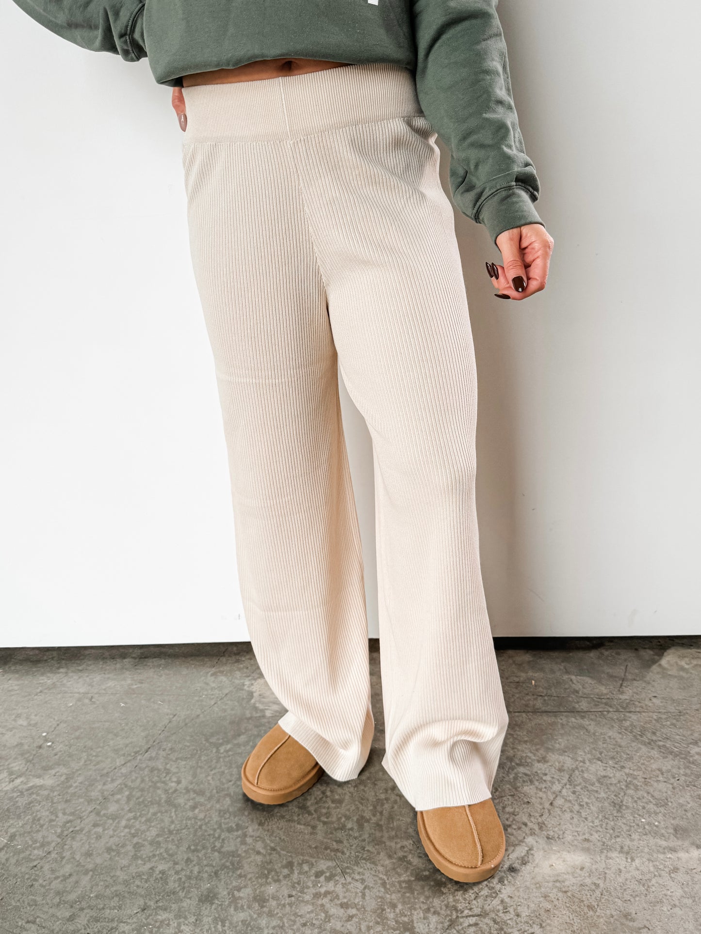 ‘White Christmas’ Cream Ribbed Wide Leg Comfy Pants