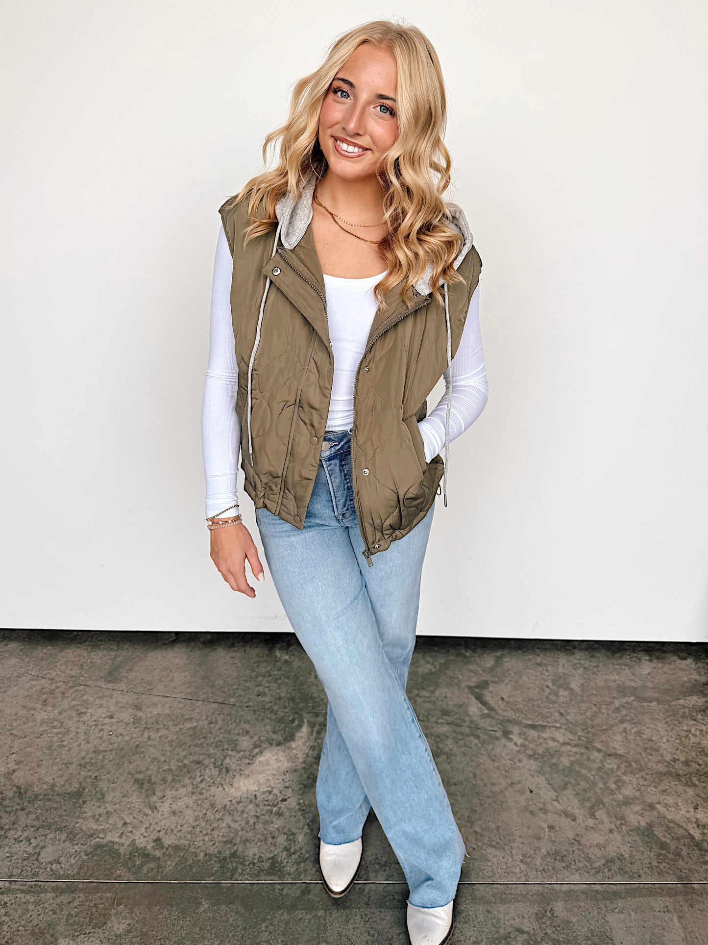 Olive Quilted Hooded Vest