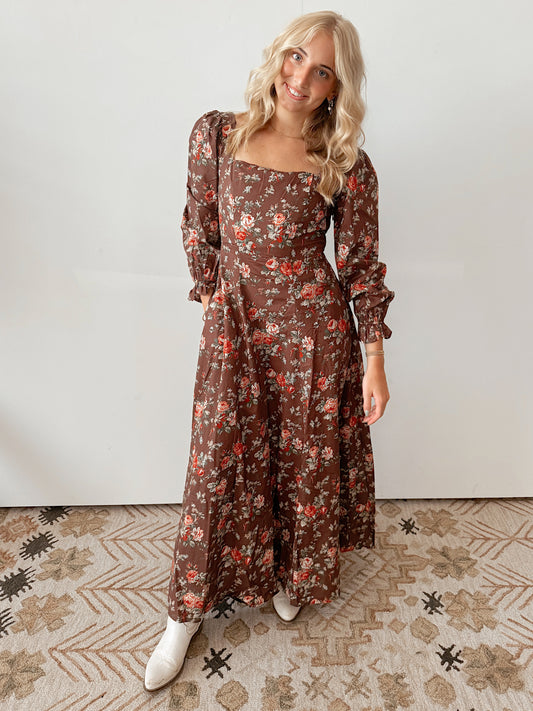 Mocha Floral Square Neck Dress
