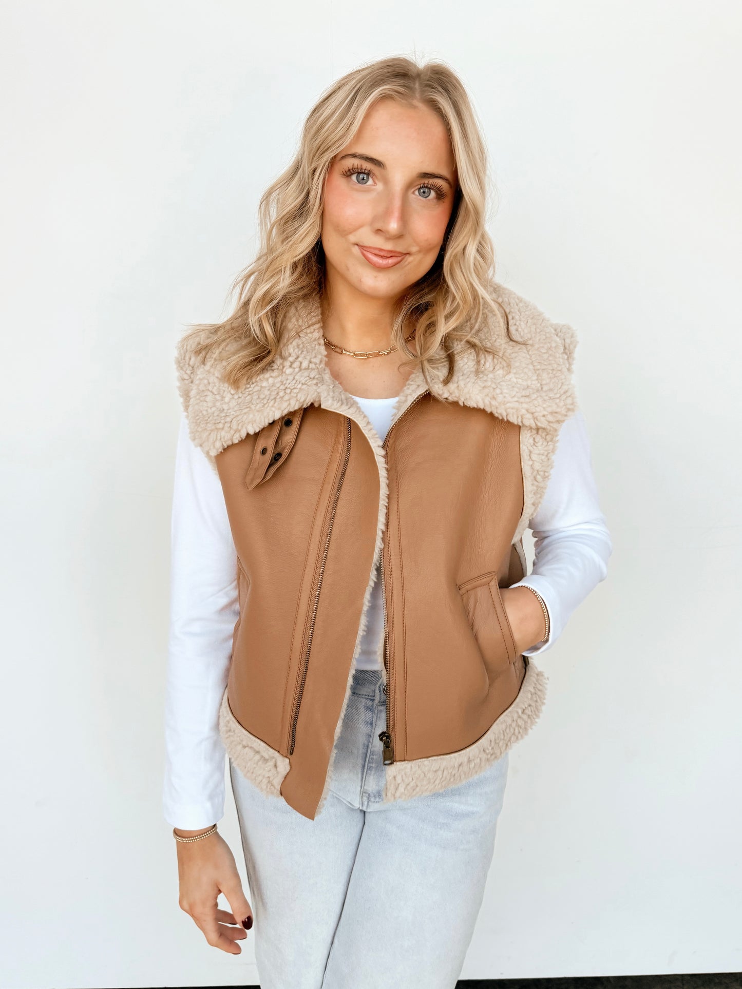 Camel Faux Leather Buckle Detail Vest