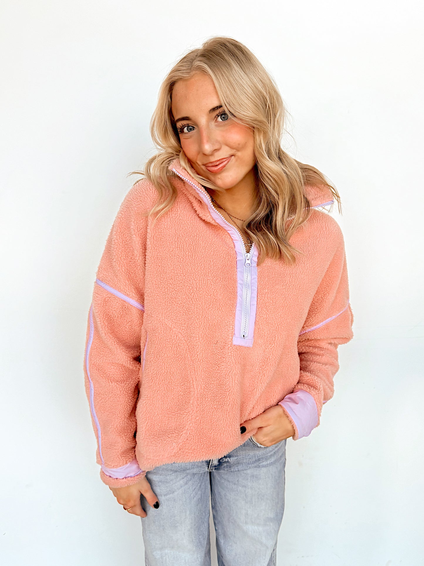 Light Pink & Purple Trim Half Zip Fleece