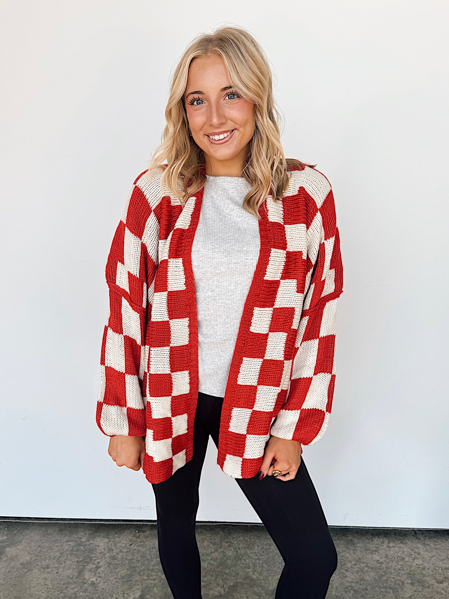 Red Checkered Oversized Cardigan