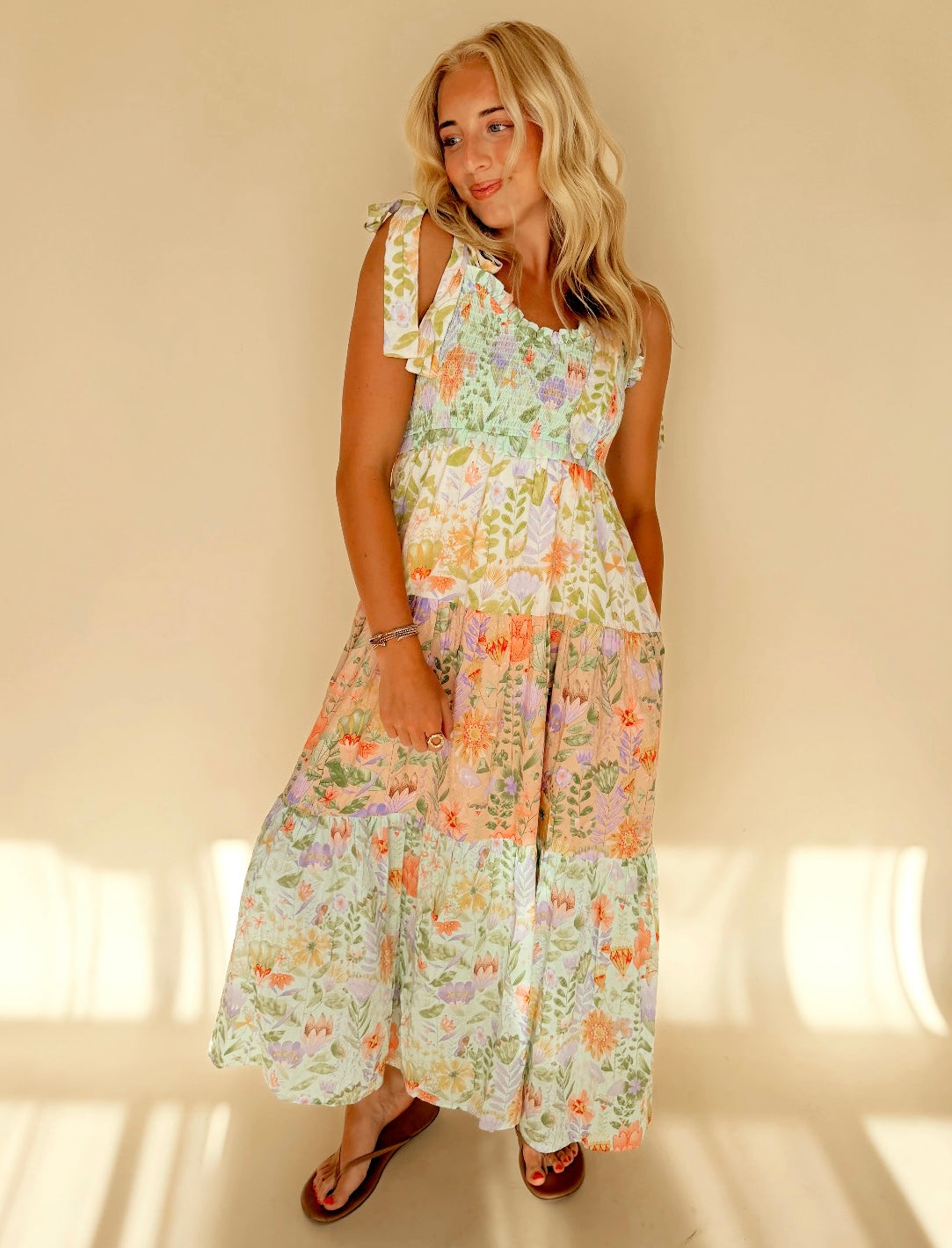 Smocked Tiered Floral Print Dress