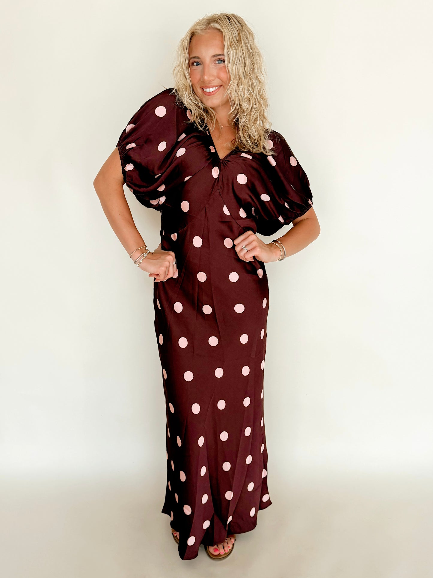 Burgundy Satin Polka Dot Dress