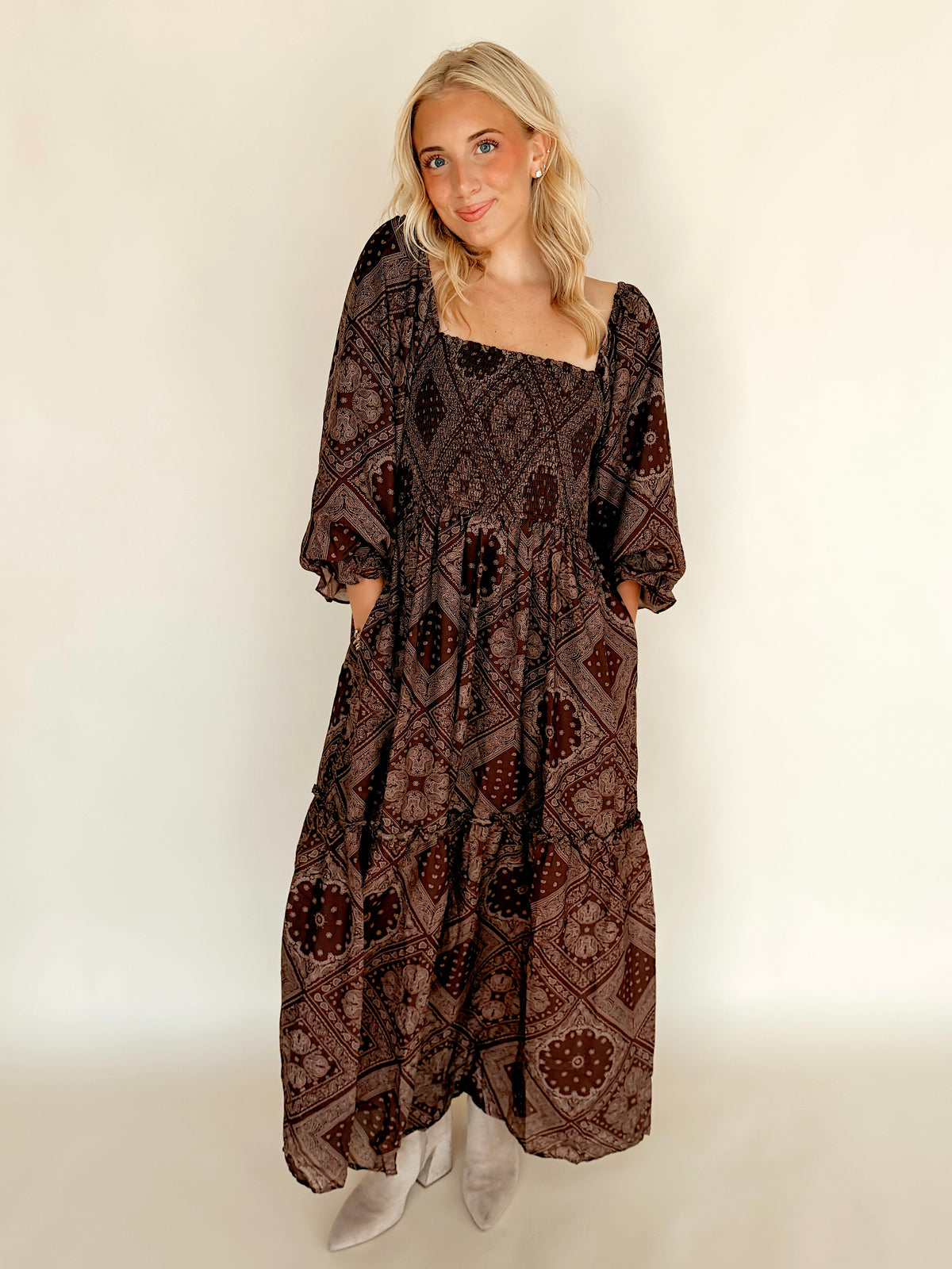 Bandana Print Smocked Square Neck Maxi Dress