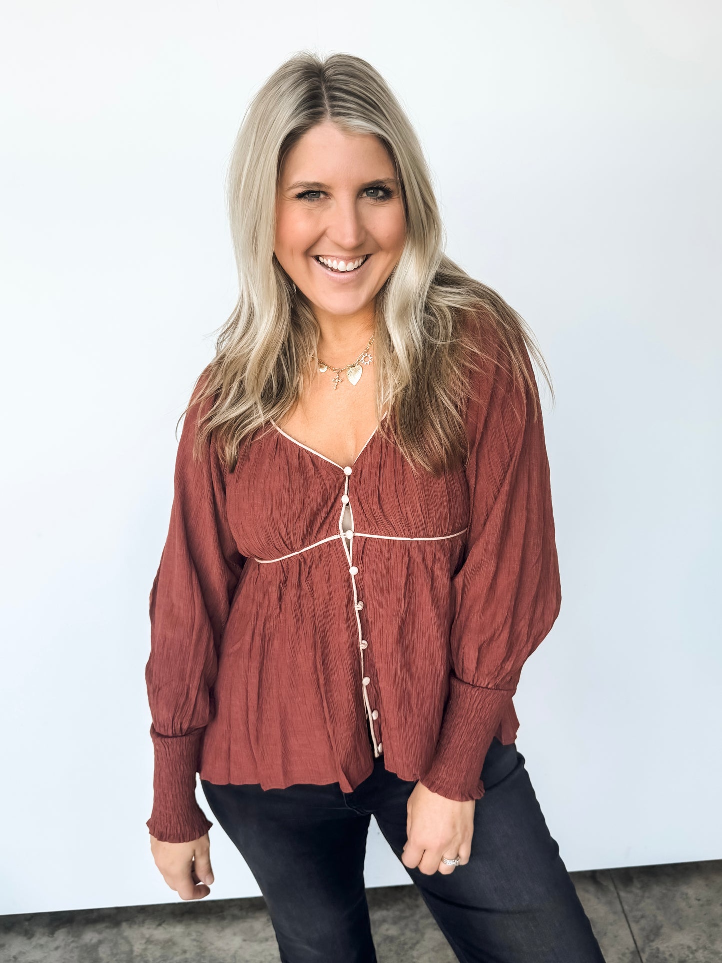 Cranberry V-Neck Button Detail Top