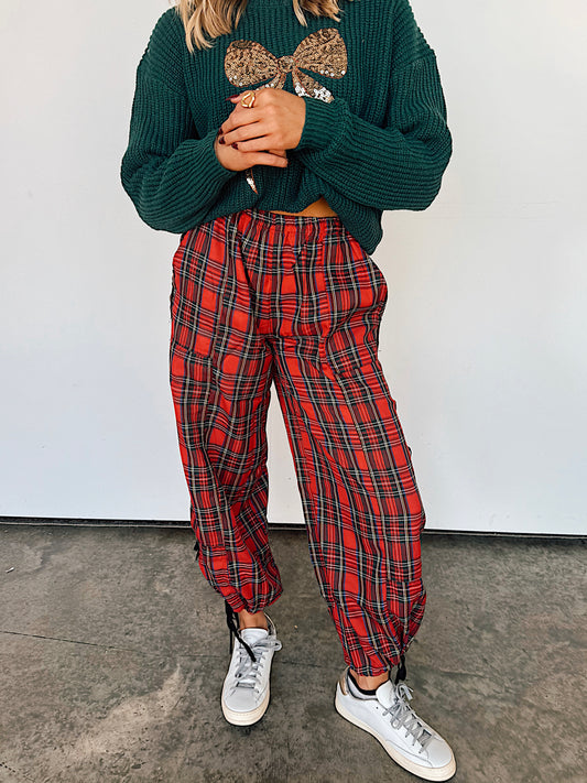Christmas Plaid Side Tie Jogger Pants