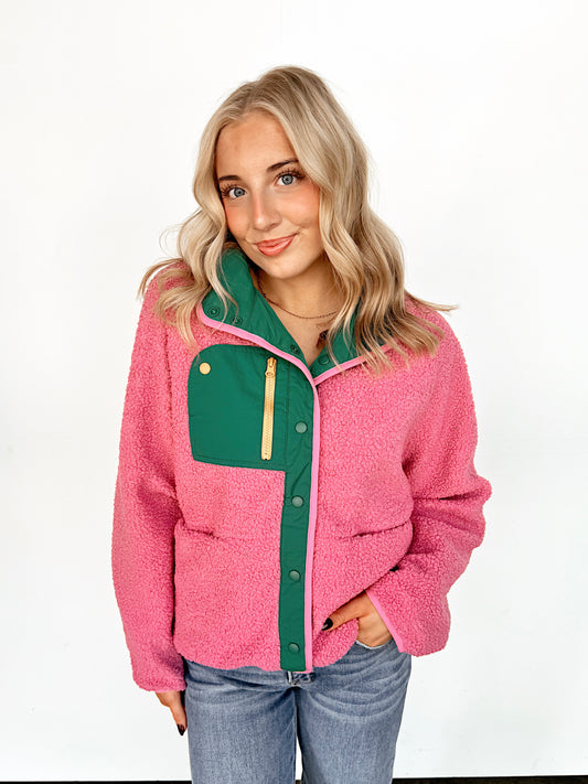 Bubblegum Pink Colorblock Snap Button Fleece