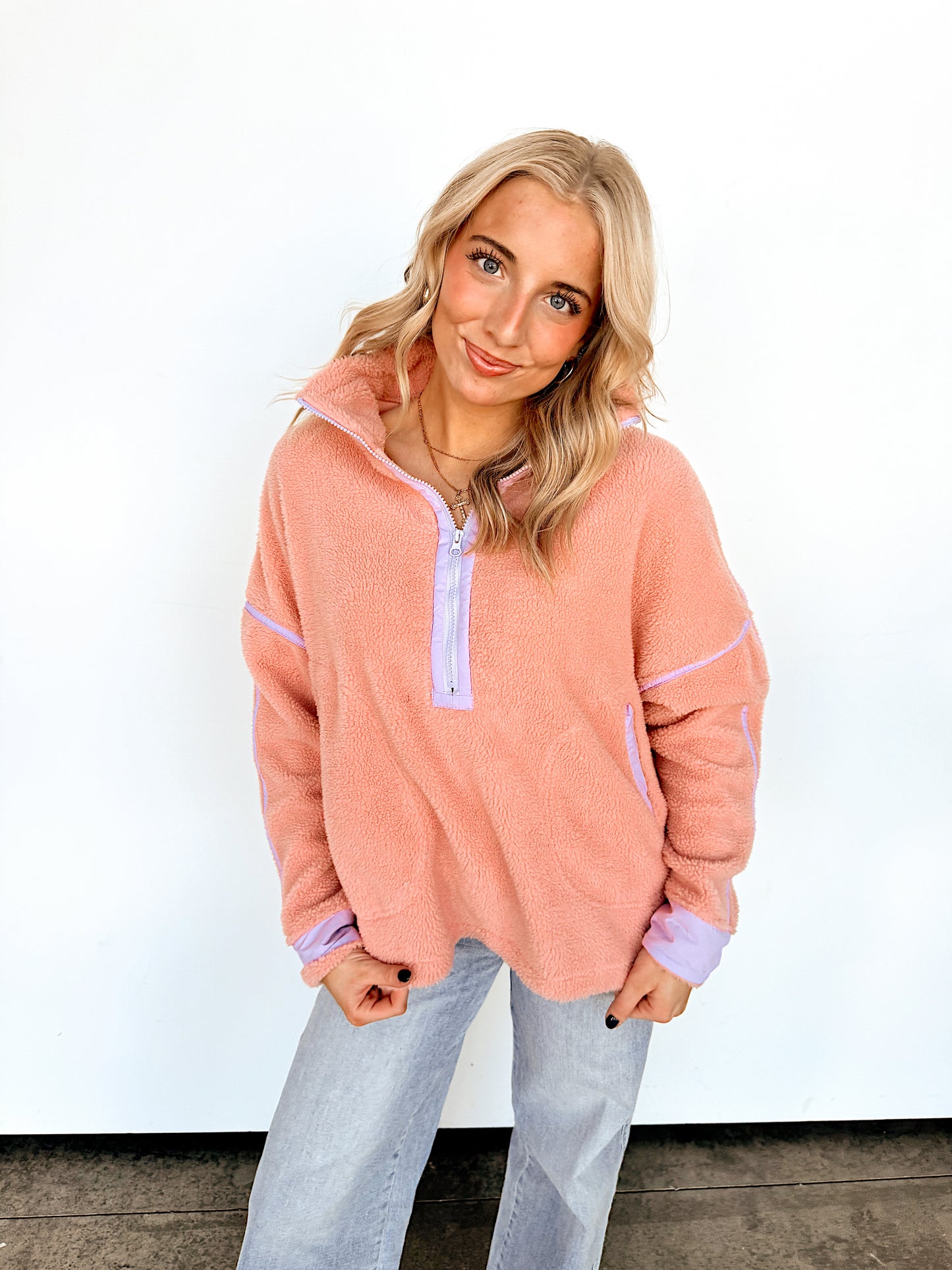 Light Pink & Purple Trim Half Zip Fleece