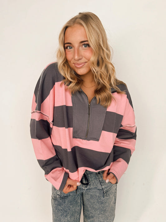 Pink & Charcoal Varisty Striped Oversized Top