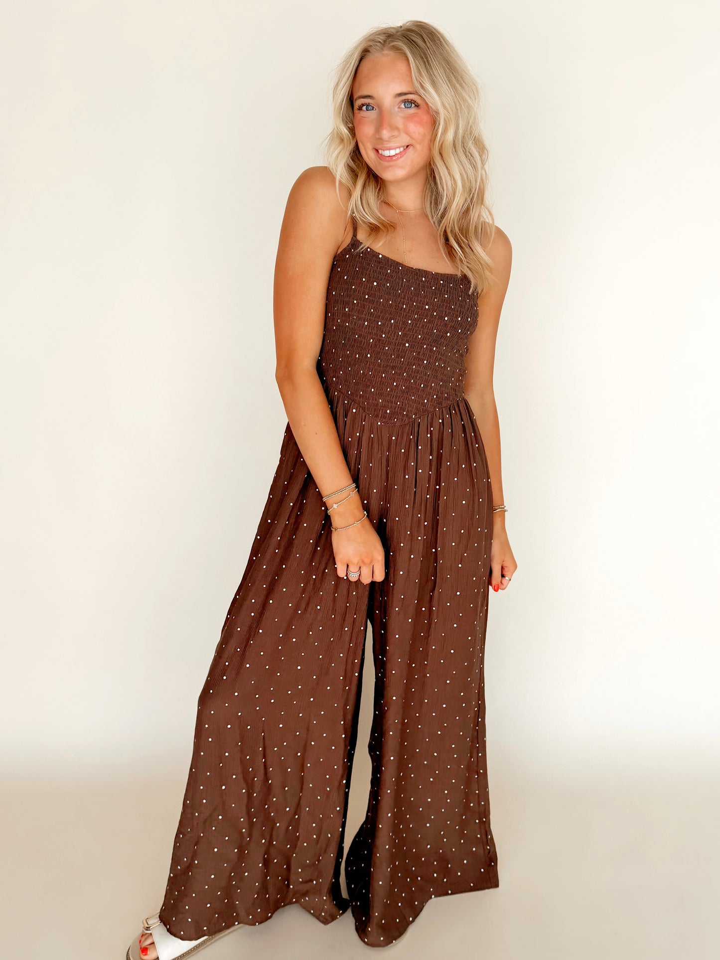 Chocolate Polka Dot Print Smocked Jumpsuit