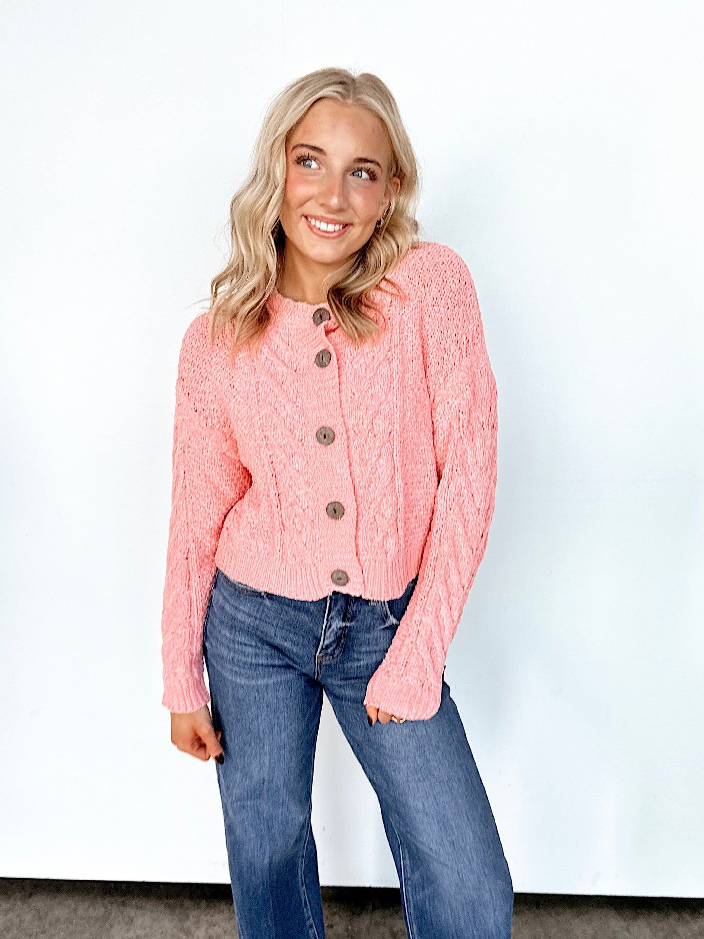Pink Scalloped Edge Cardigan Sweater