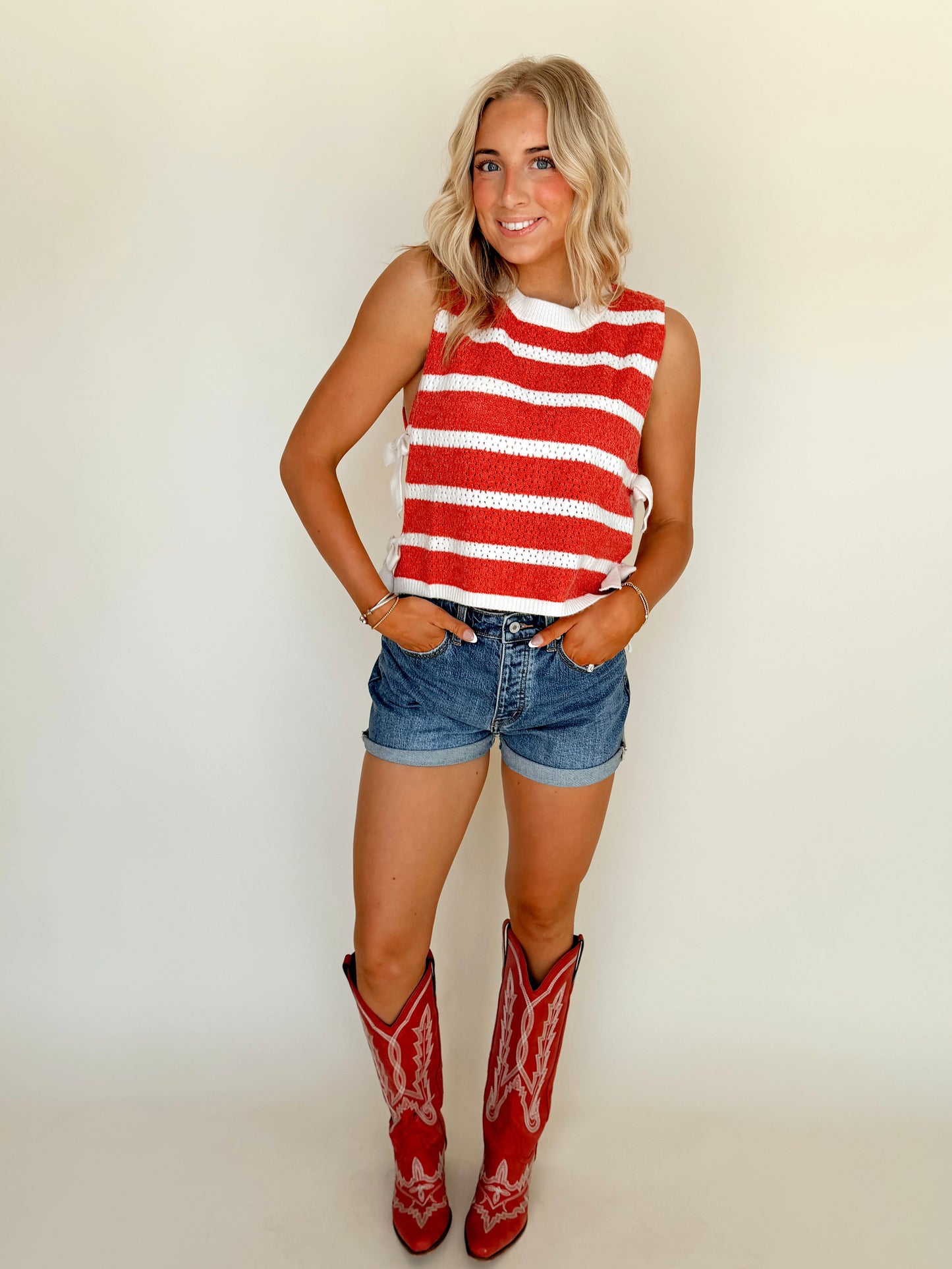 Red Striped Sleeveless Knit Sweater Tank