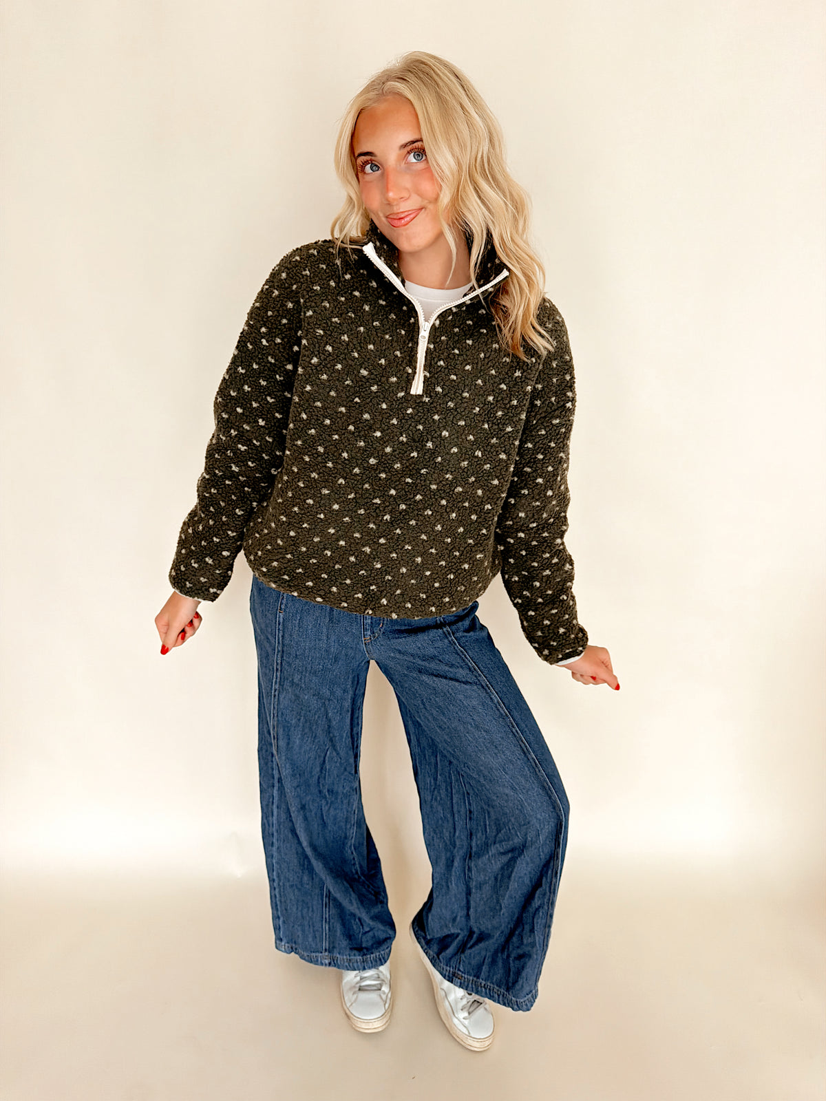Dark Olive Polka Dot Half-Zip Pullover