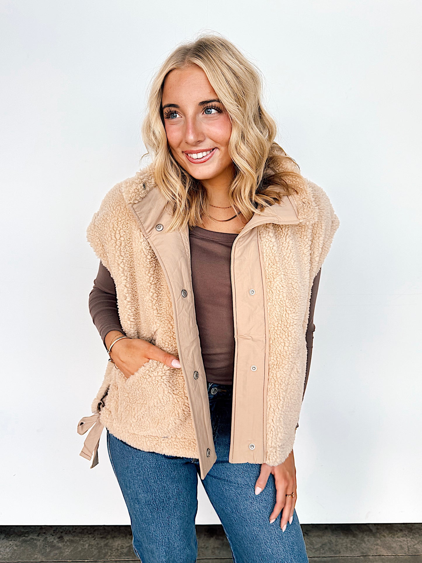 Beige Fuzzy Side Tie Vest