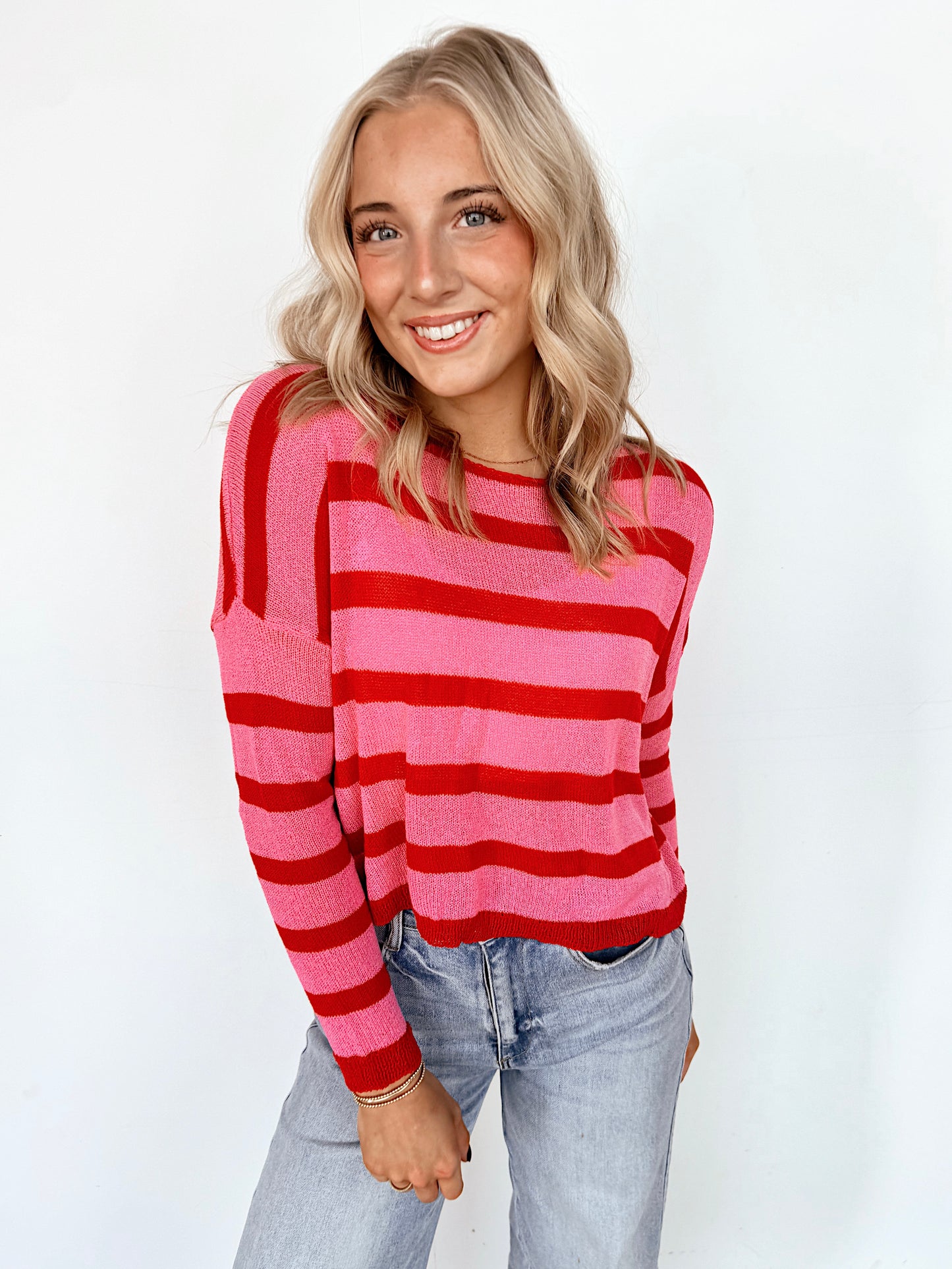 Pink & Red Striped Gauze Top