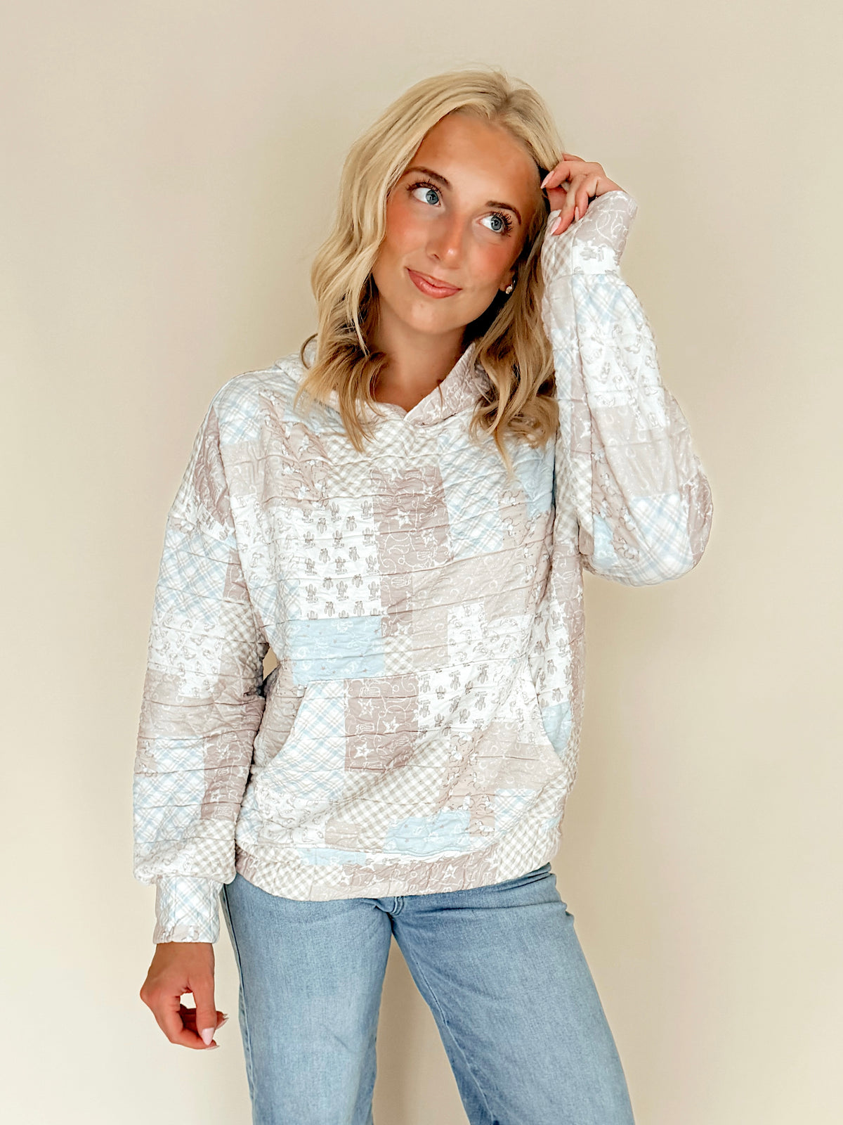 Quilted Patchwork Hooded Pullover