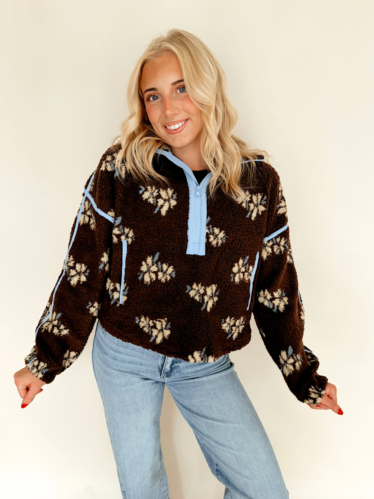 Chocolate Brown Floral Print Half Zip