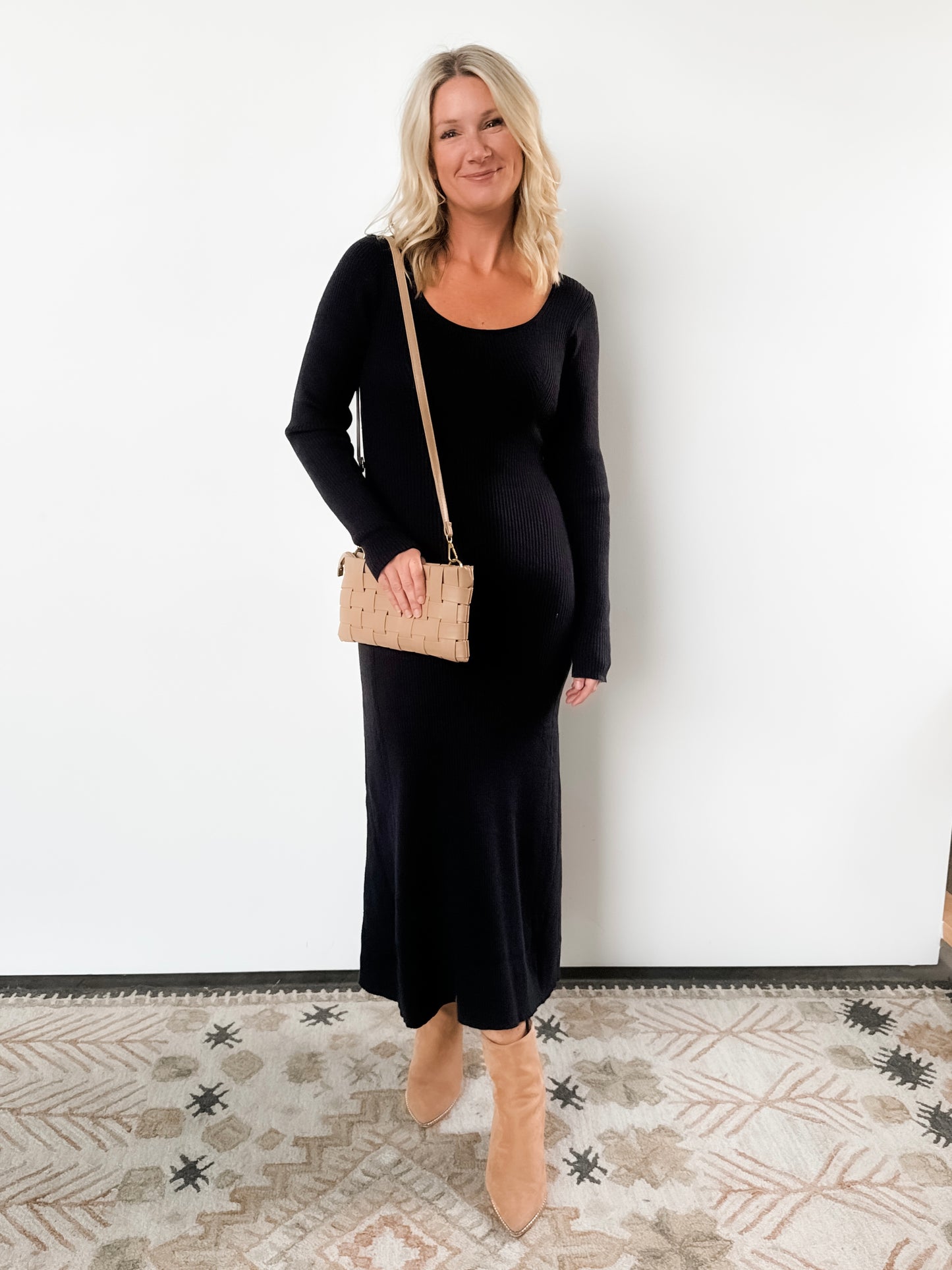 Black Fitted Ribbed Sweater Dress