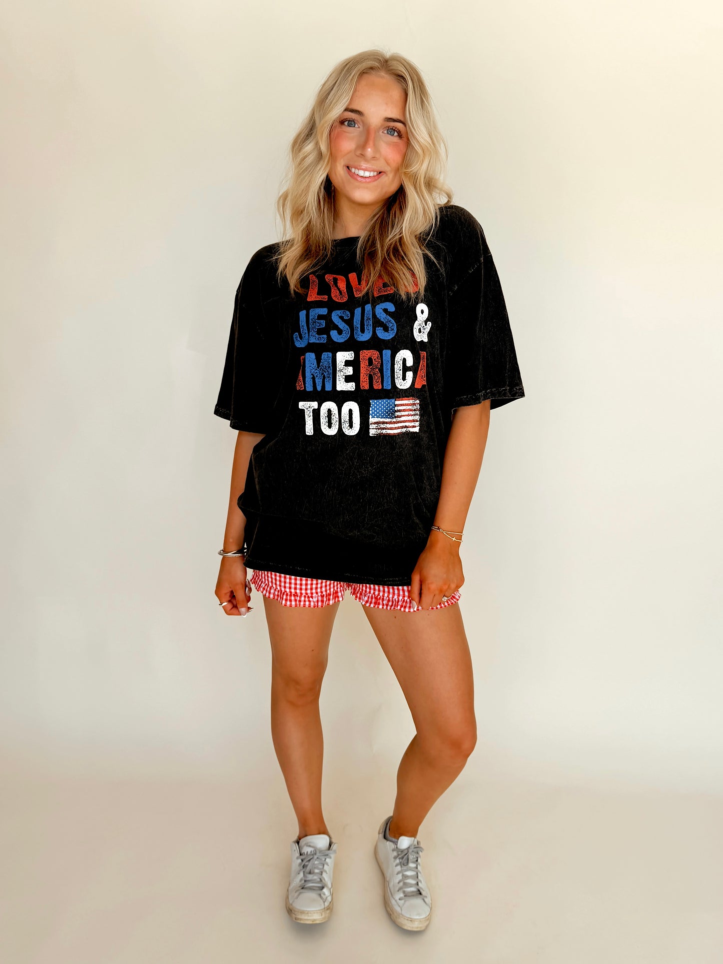 ‘Loves Jesus & America, Too’ Mineral Washed Oversized Tee