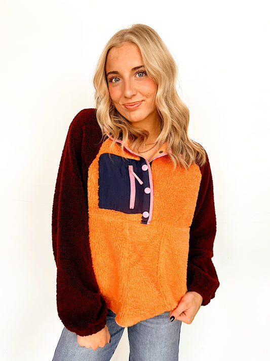 Colorblock Button Snap Pullover Fleece
