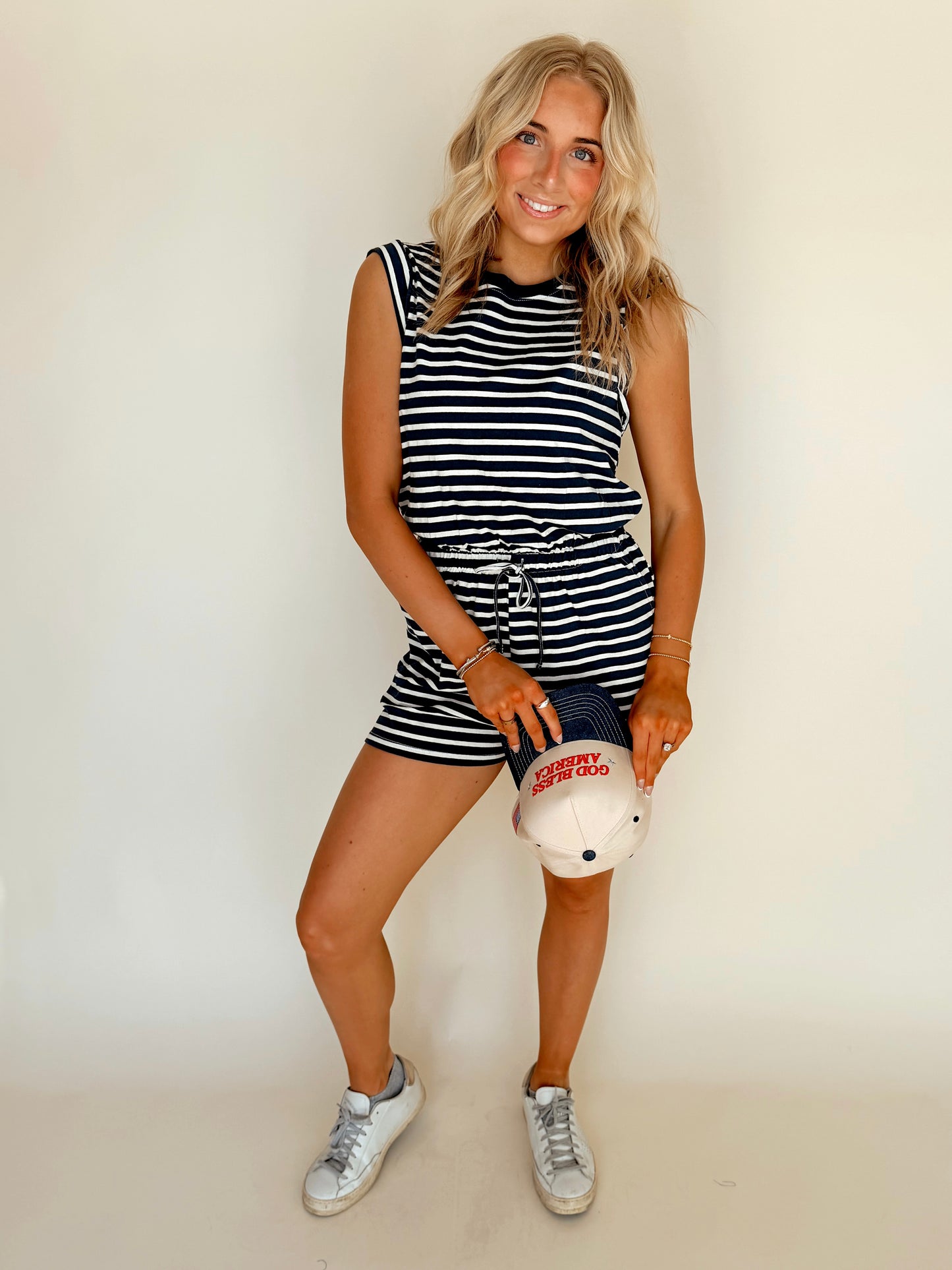 Navy Striped Drawstring Waist Cotton Romper