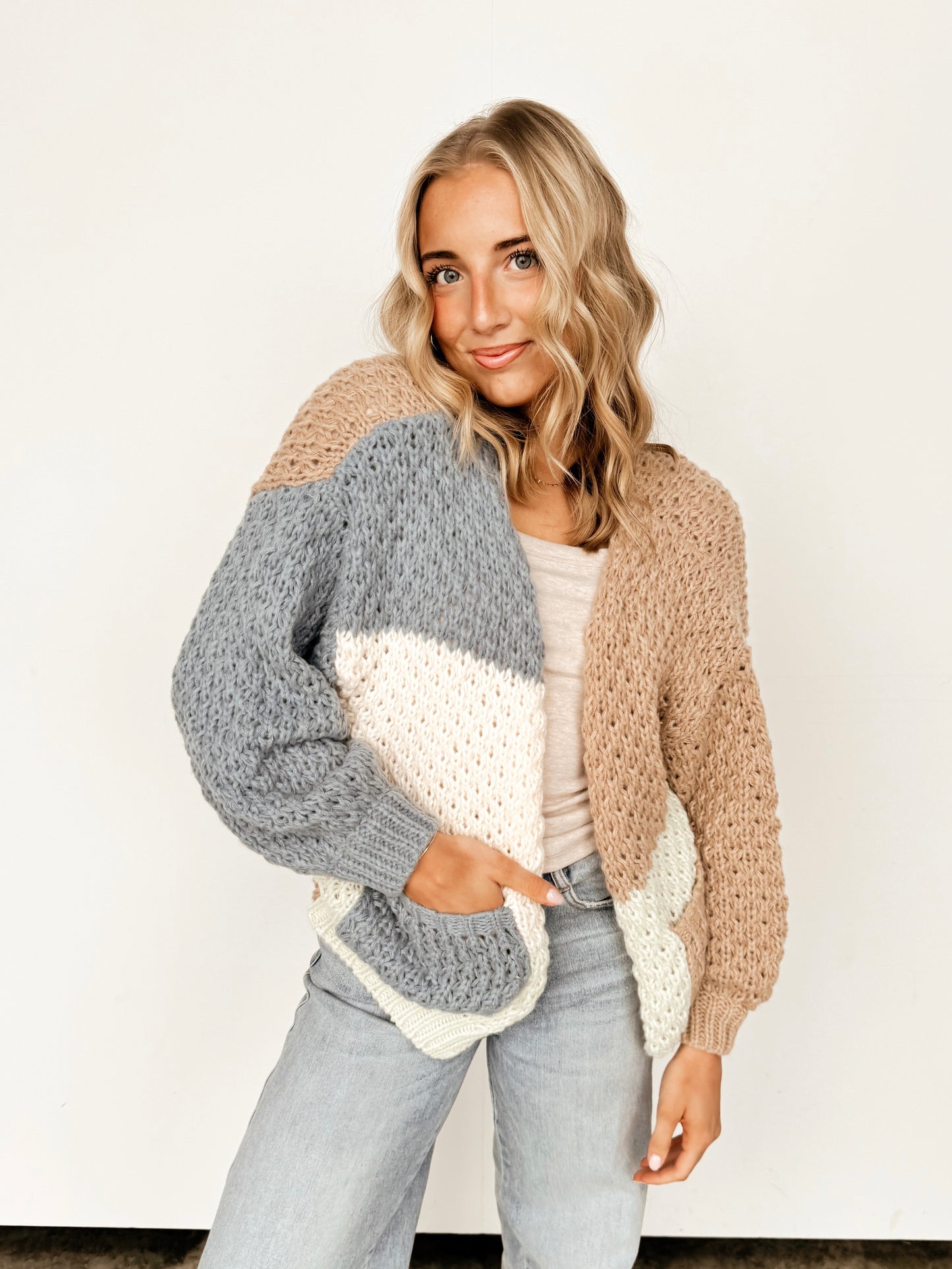 Blue & Beige Colorblock Cardigan