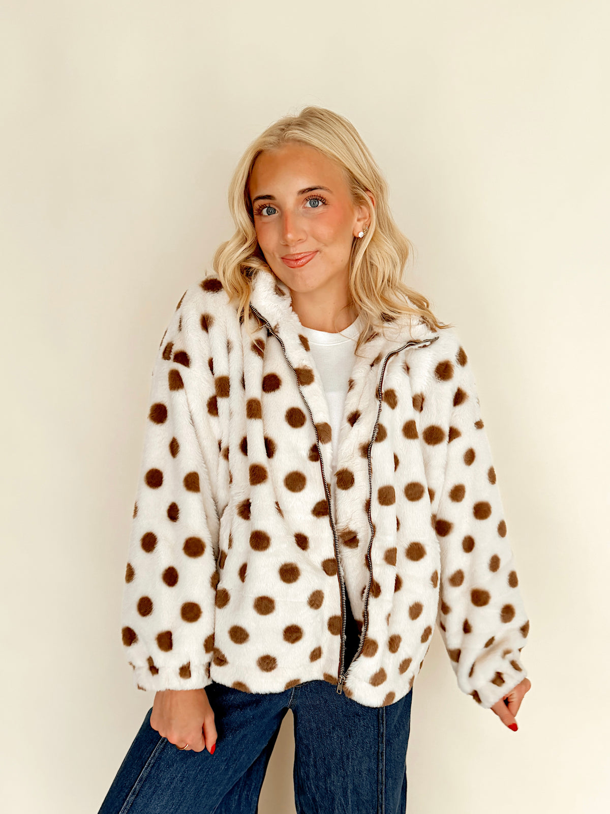 Polka Dot Fuzzy Zip-Up Jacket