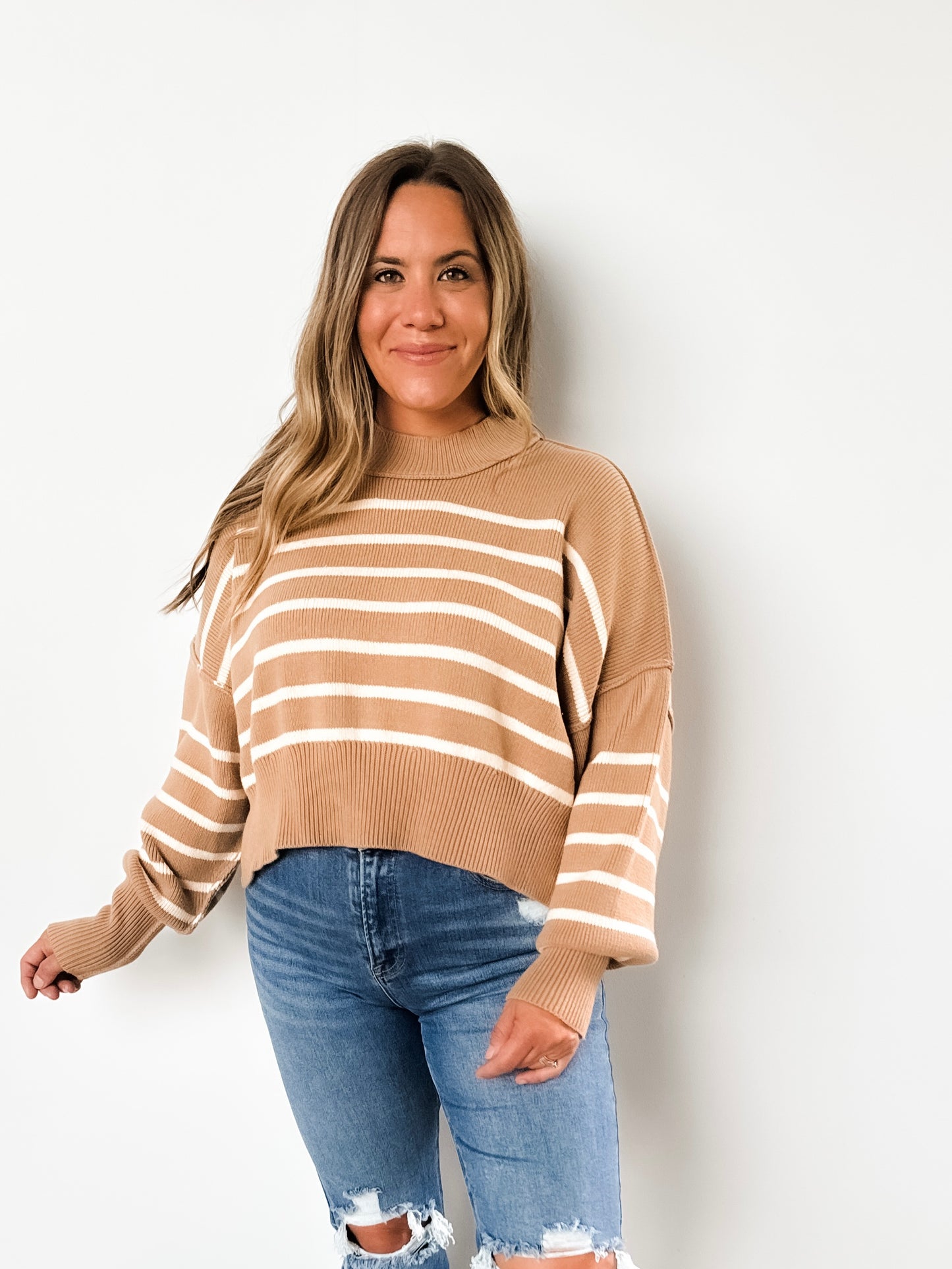 Taupe & Cream Striped Mock Neck Sweater