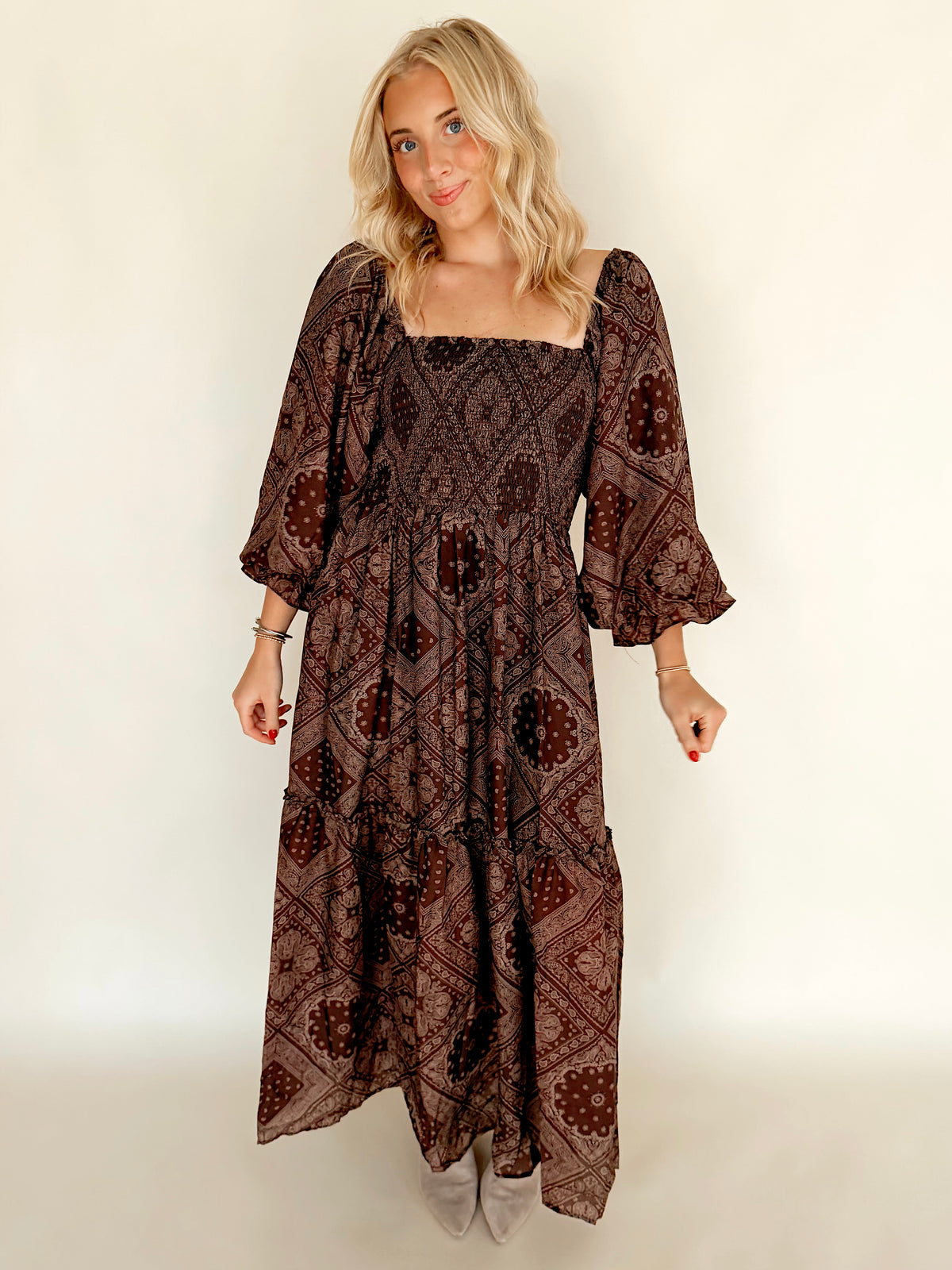 Bandana Print Smocked Square Neck Maxi Dress