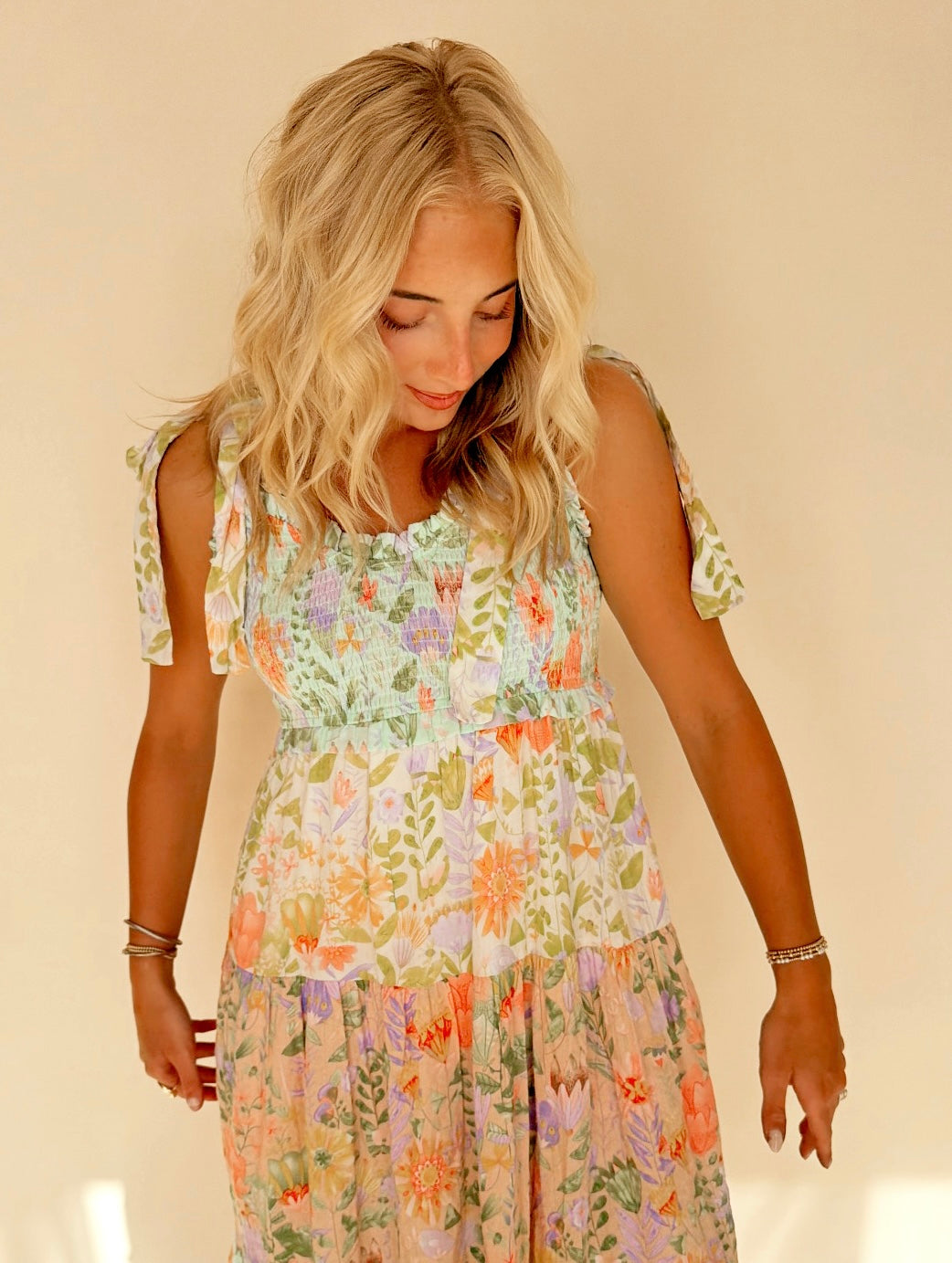 Smocked Tiered Floral Print Dress