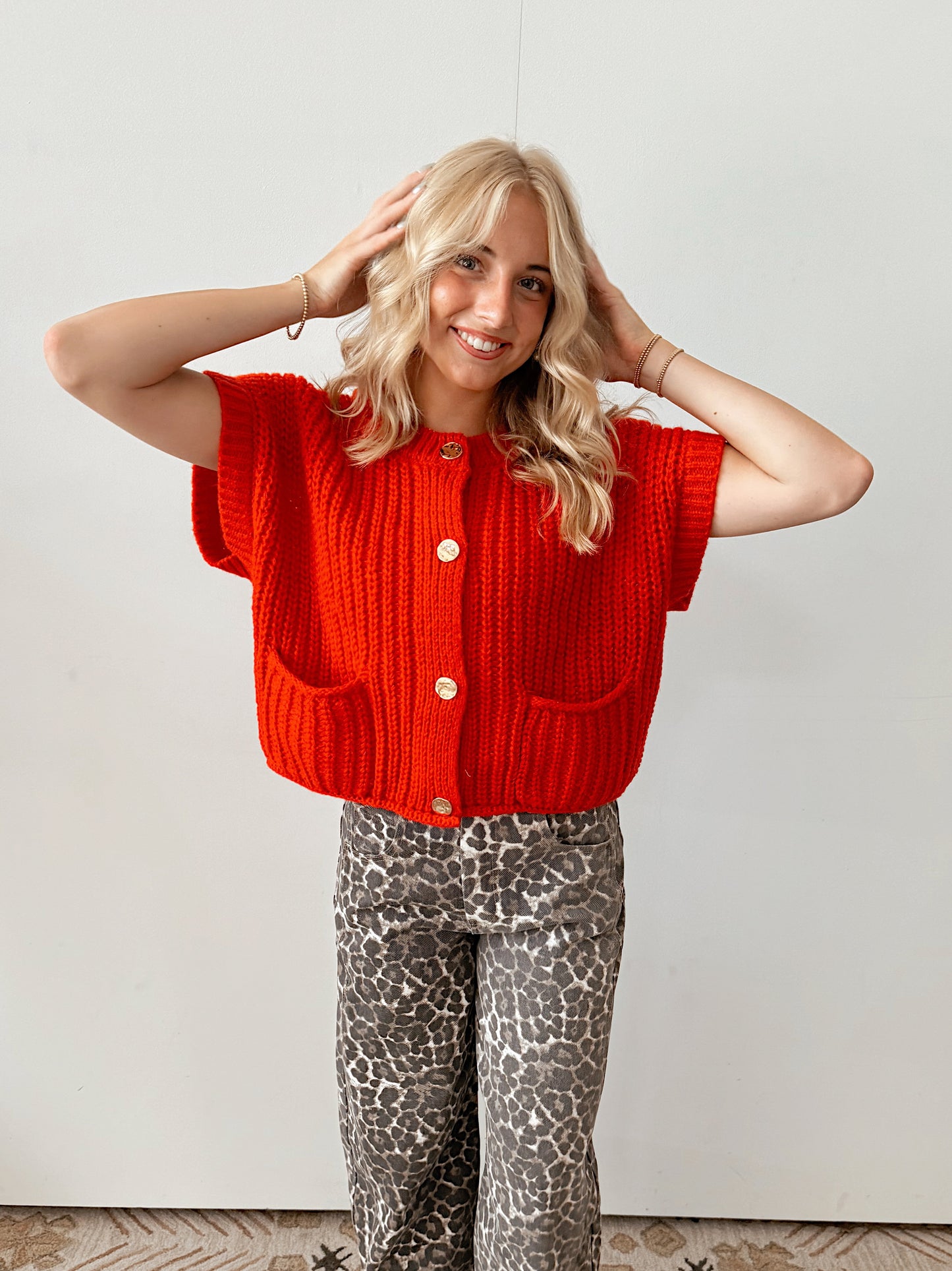 Red Button Detail Chunky Sleeveless Sweater