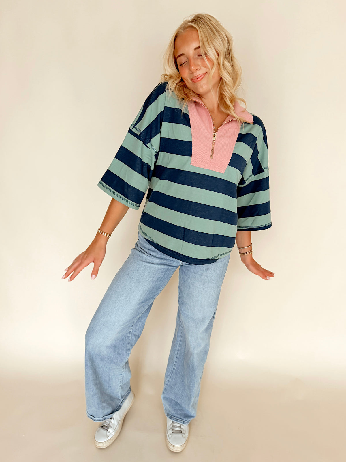 Sage & Teal Striped Drop Shoulder Half Zip