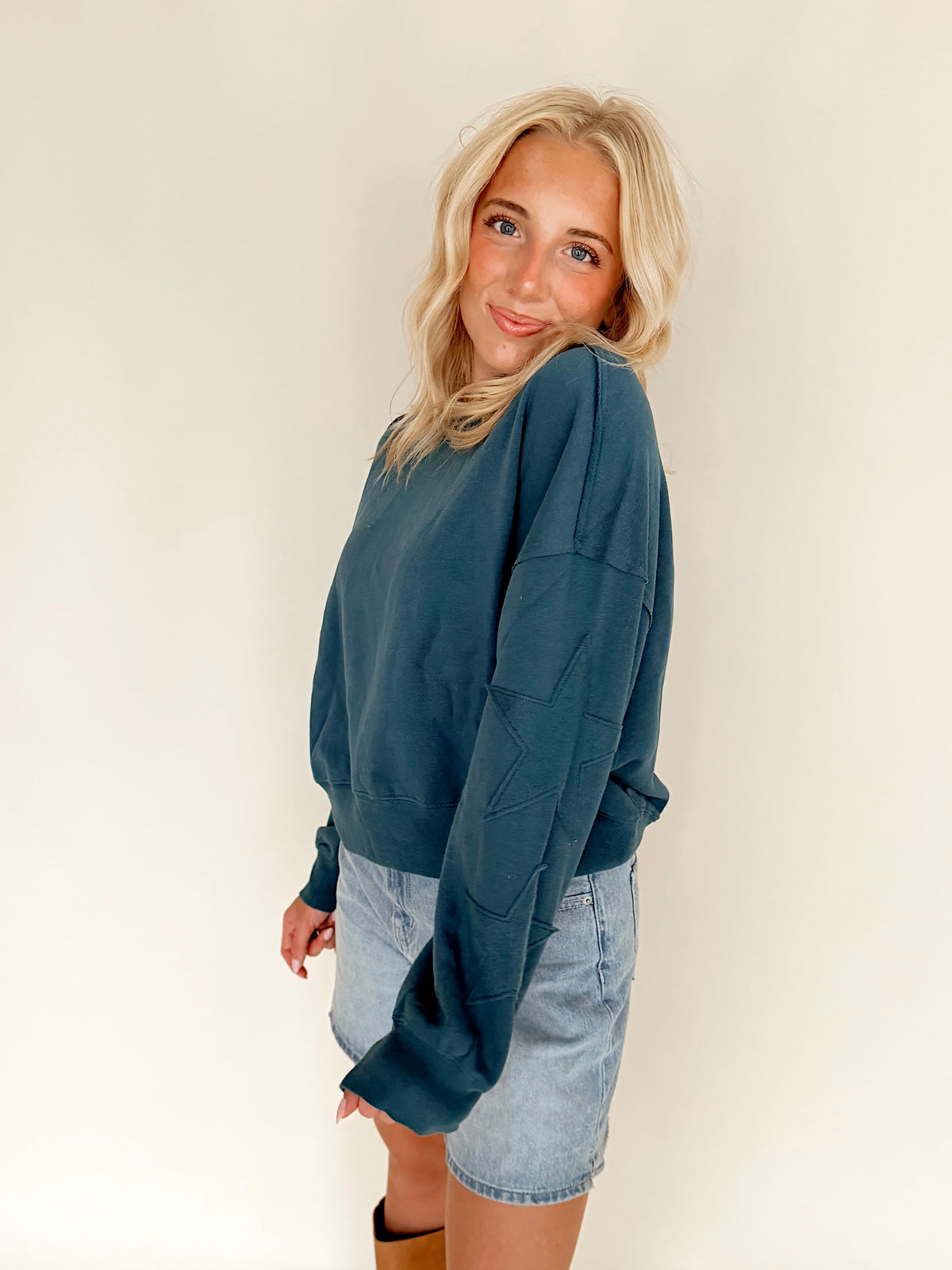 Dark Teal Star Patch Sleeve Sweatshirt