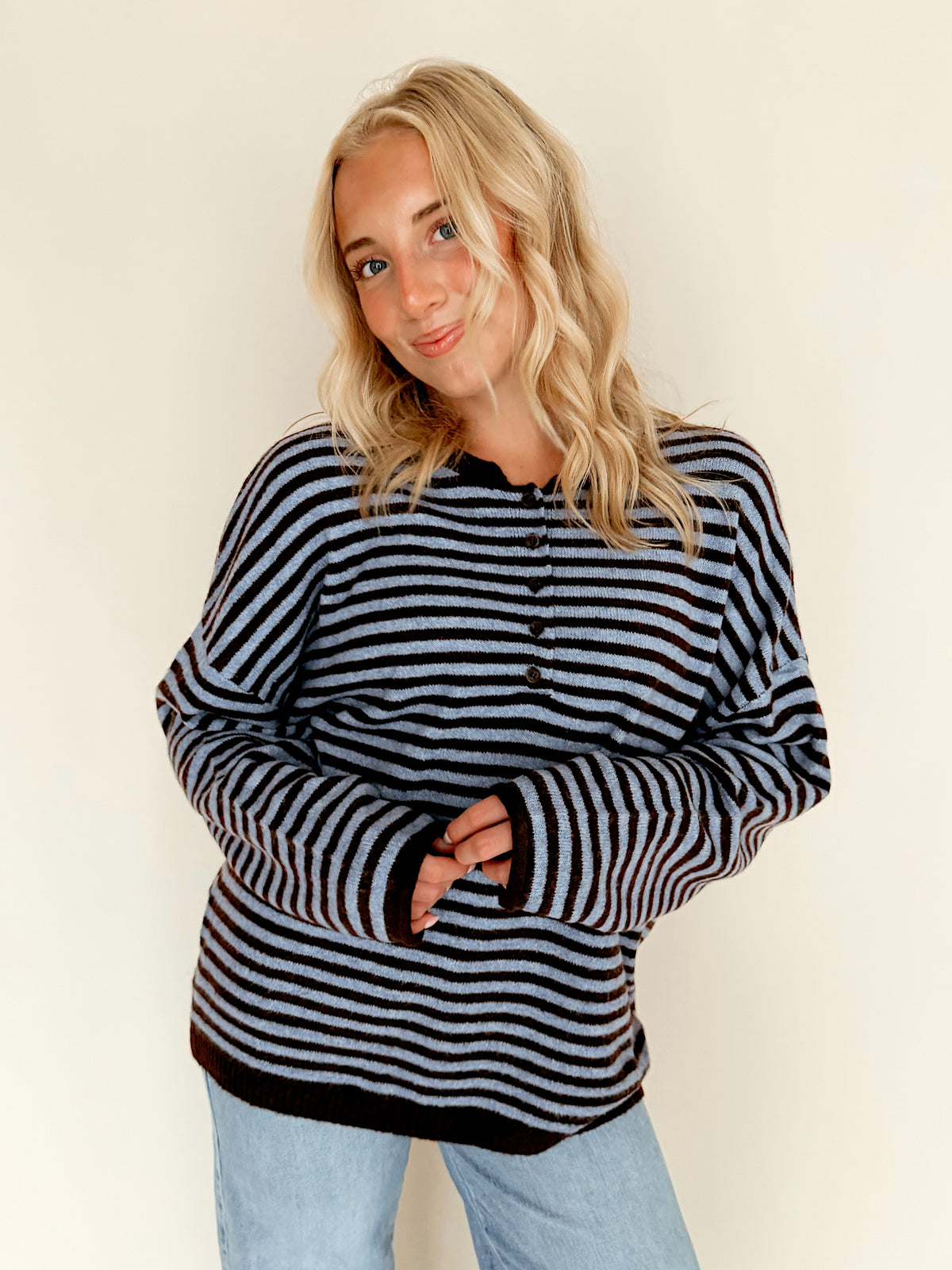 Button Henley Striped Sweater Top