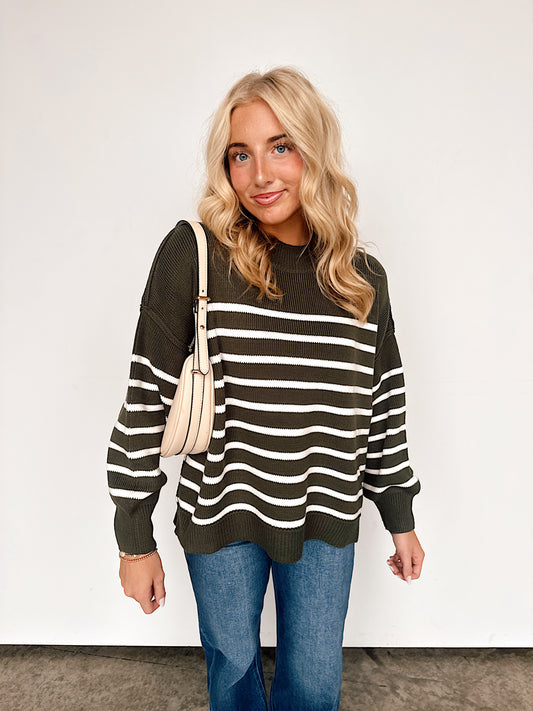 Dark Olive Striped Oversized Sweater