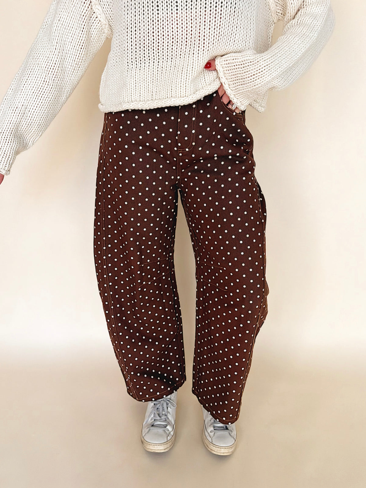Brown Dotted Barrel Leg Pants