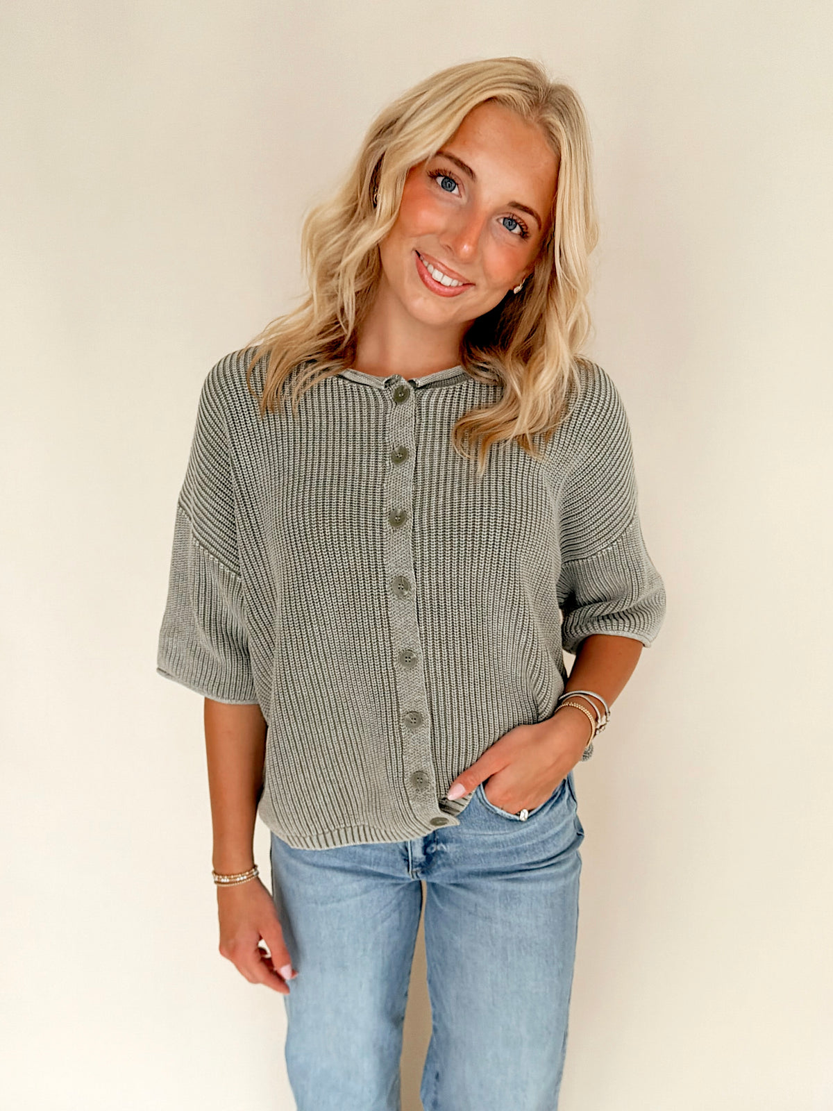 Light Olive Washed Ribbed Cardigan Top