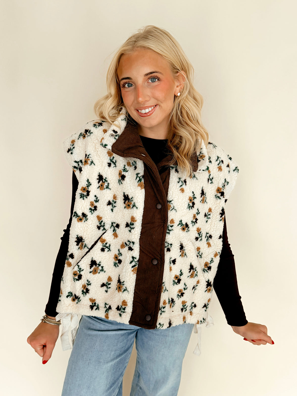 Cream Floral Sherpa Vest