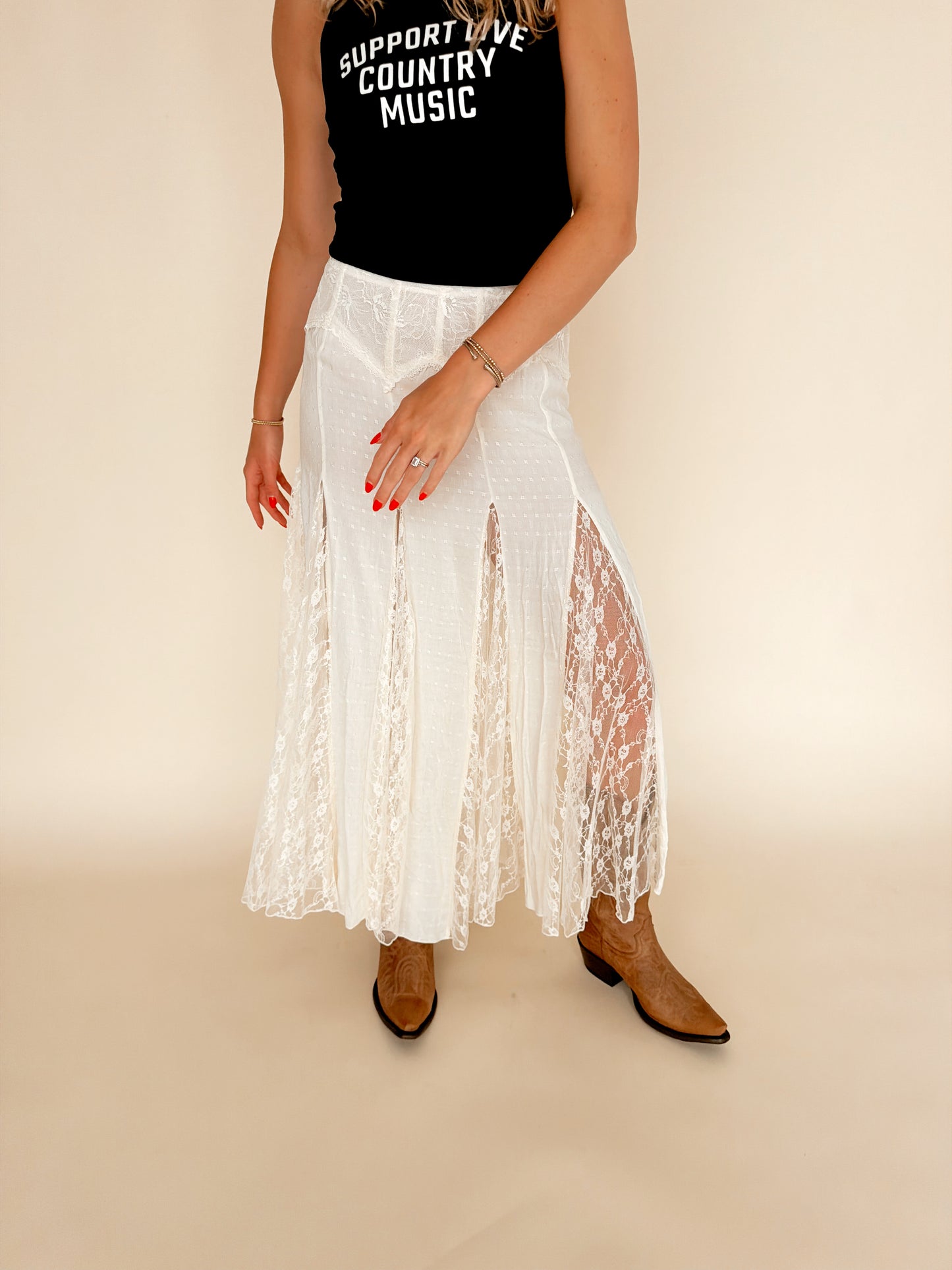 Cream Flowy Lace Maxi Skirt