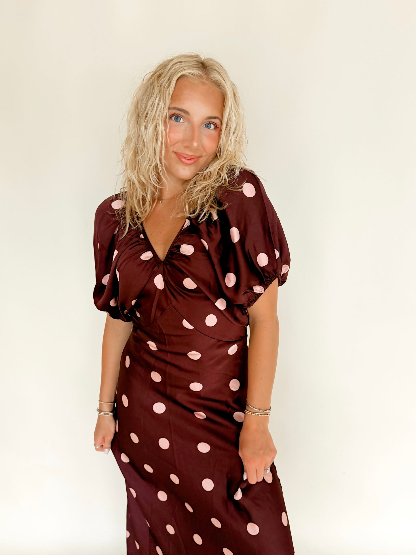Burgundy Satin Polka Dot Dress