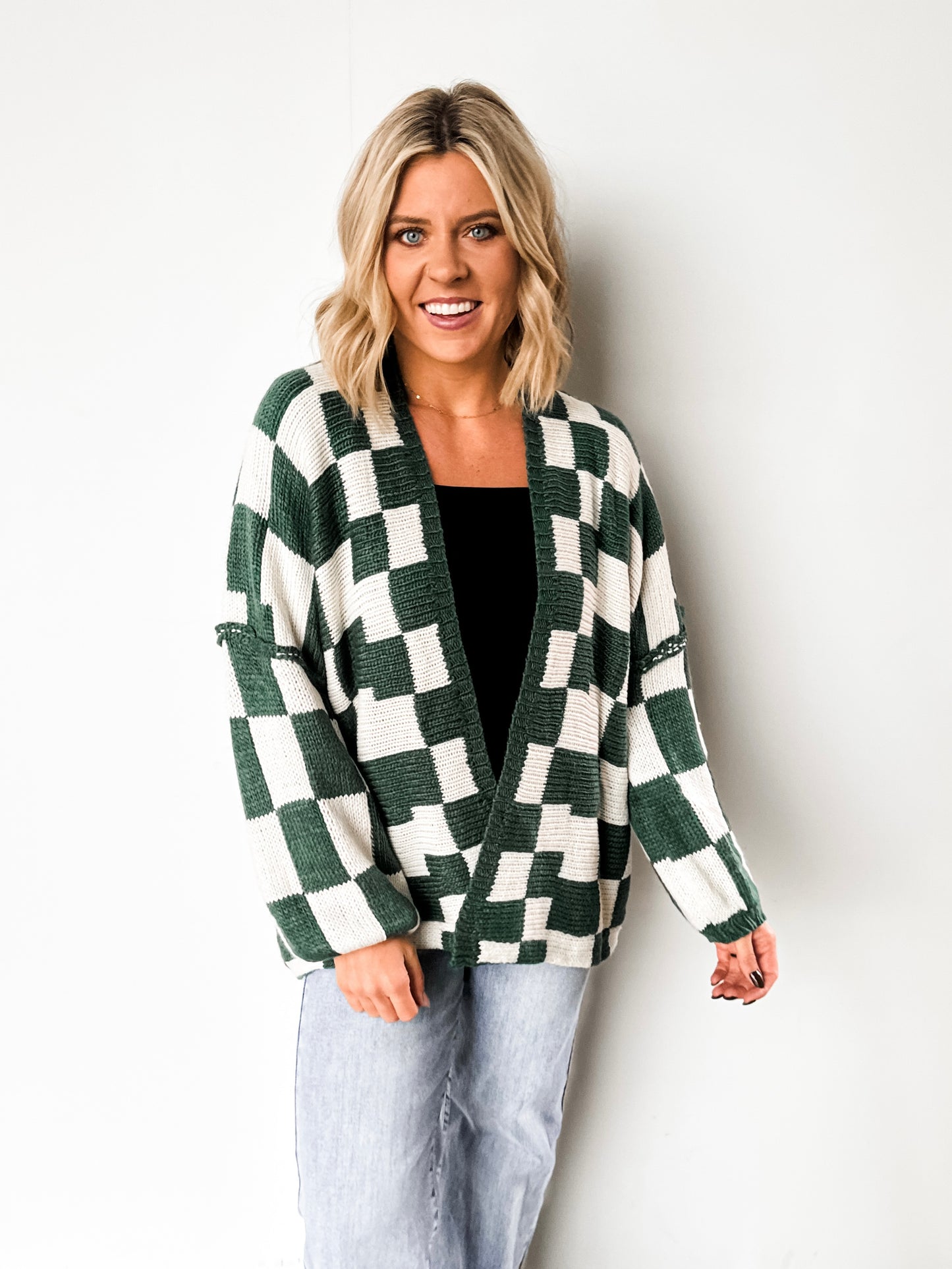 ‘Checking It Twice’ Holiday Green Checked Cardigan