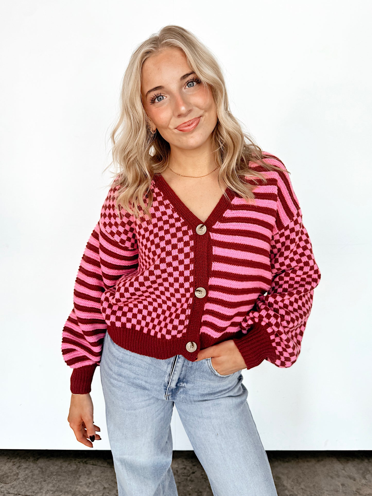Pink & Maroon Checkered Colorblock Sweater