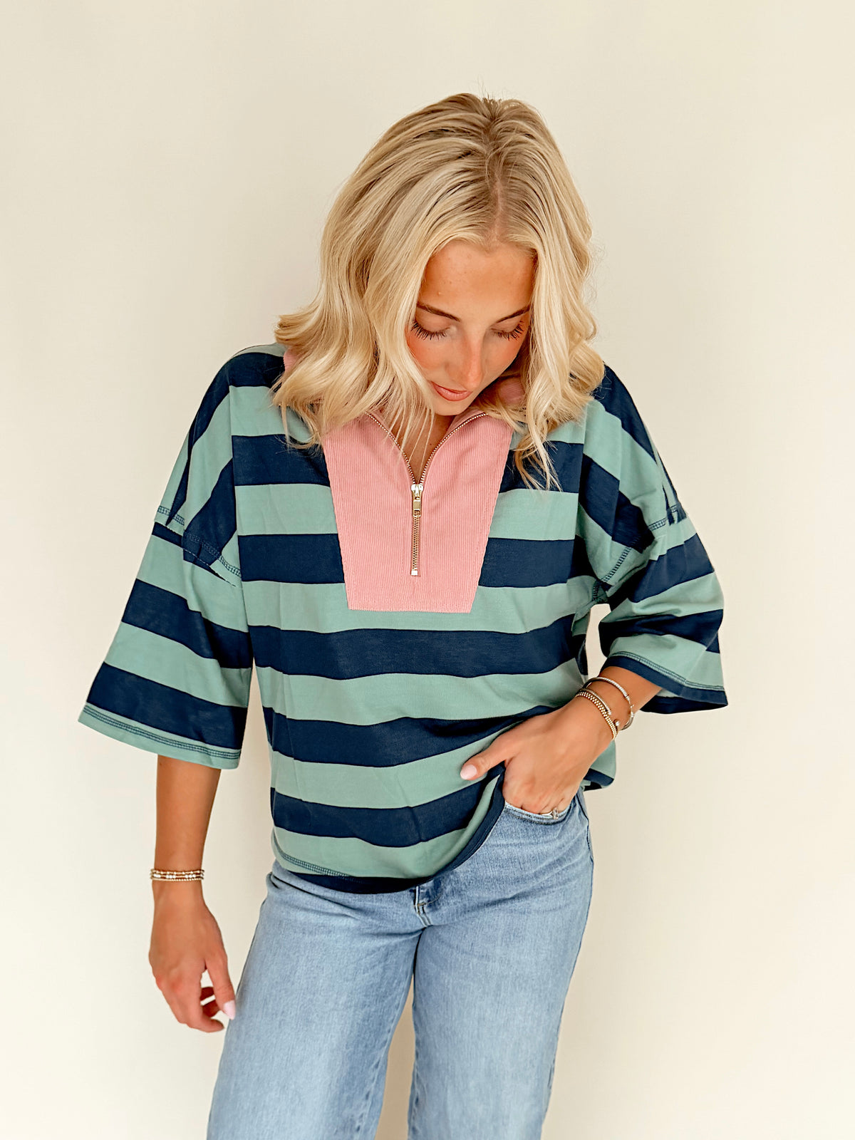 Sage & Teal Striped Drop Shoulder Half Zip